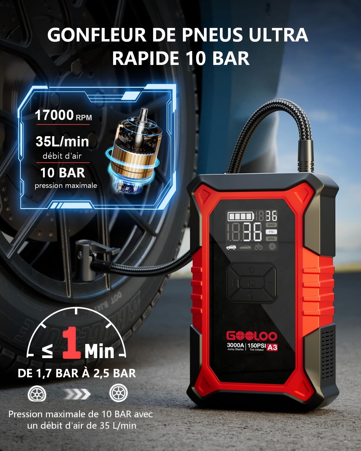 GOOLOO A3 Démarreur de Batterie Voiture 3000A avec Compresseur 150 PSI et Power Bank, Booster Portable pour Véhicules 12V (Jusqu'à 9.0L Essence/6.5L Diesel), Écran Digital et LED
