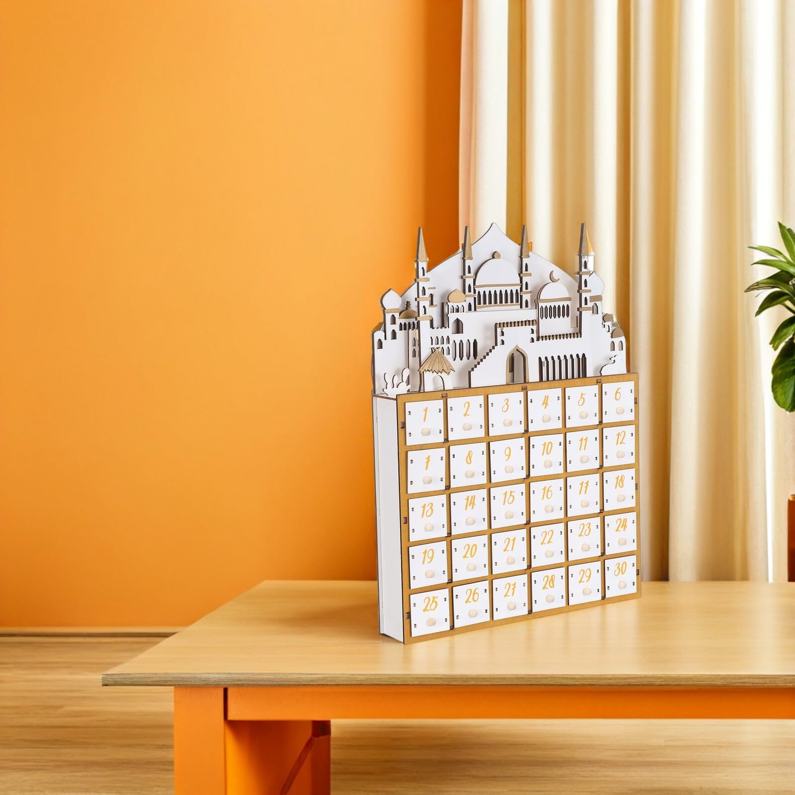 Tofficu Eid und Ramadan Holz Adventskalender mit 30 Schubladen LED Beleuchtet Countdown Kalender für Muslimische Ramadan Feier und Festliche Dekoration
