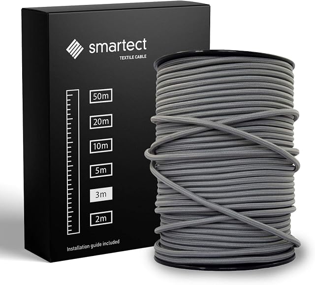smartect Ciemnoszary Kabel Tekstylny, 3 Metrów Kabel w Oplocie Elektryczny, 3 Żyłowy (3 x 0,75 mm²) Elektryczny Kabel w Oplocie Tekstylnym do Własnych Projektów DIY