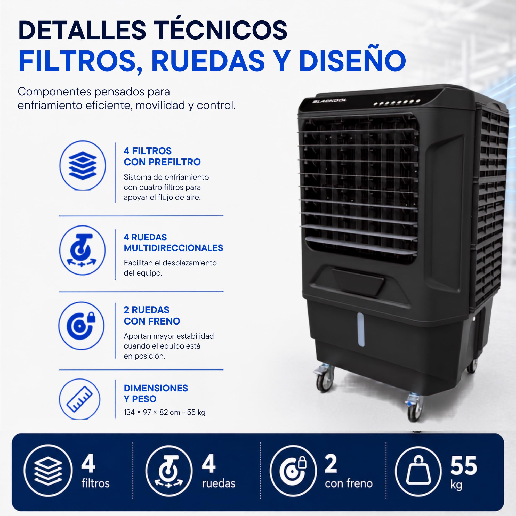 Climatizador Evaporativo Industrial VONALA BLACKOOL 22 MAXI – Enfriador de Aire Profesional con Lámpara UV y WiFi, Depósito 120L, Caudal 22000 m³/h, Cobertura 200m²