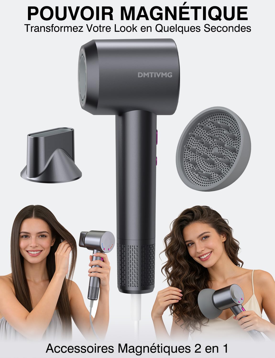 Sèche Cheveux Ionique 500 Millions Seche Cheveux Professionnel Séchage Ultra Rapide Type Salon Anti-Frisottis 160 000 tr/min Léger Faible Bruit Diffuseur Magnétique 4 Température (Gris Foncé)