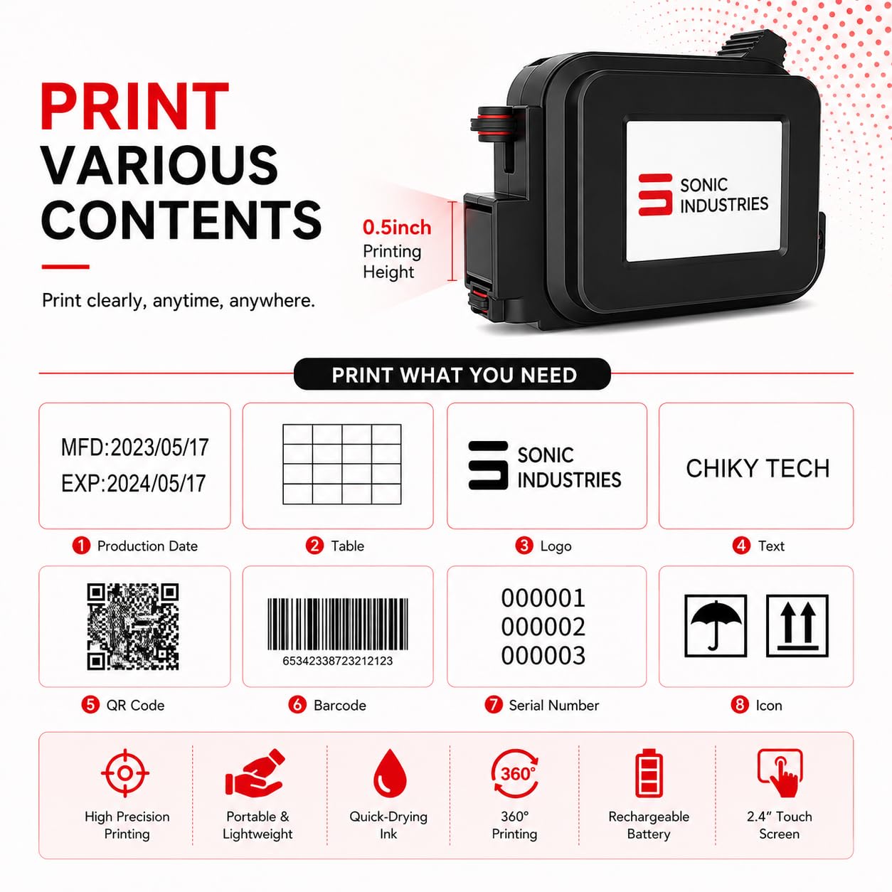 SONIC INDUSTRIES Portable Thermal Inkjet Printer 3