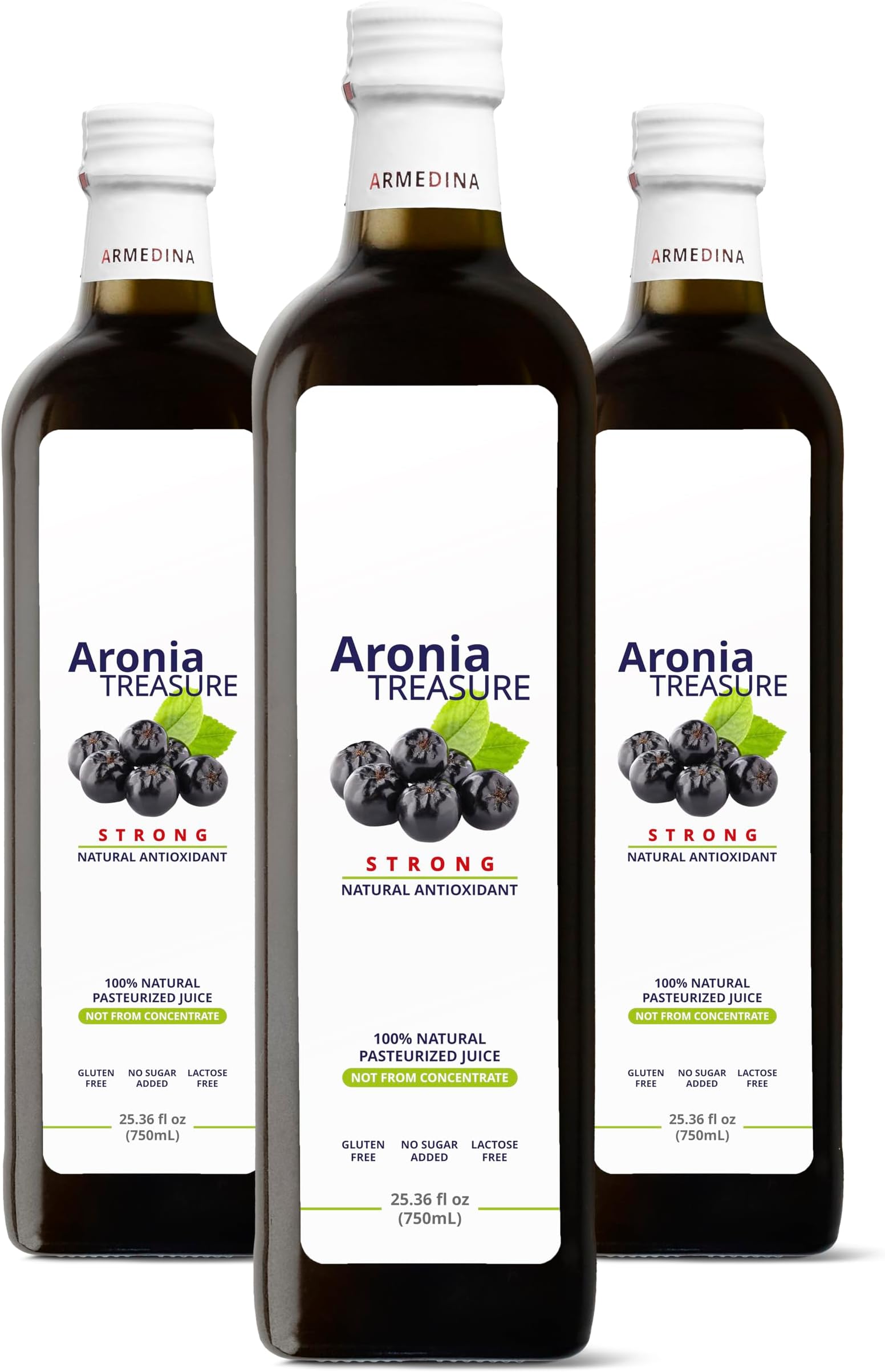 [3 x Aronia Treasure] 100% Aronia Berry Juice 25.36 Fl Oz x 3 - Antioxidant-Rich, High ORAC, No Added Sugar, 100% Pure Aronia Fruit, Vegan, Wild-Grown, Keto & Paleo, Non-GMO Black Chokeberry