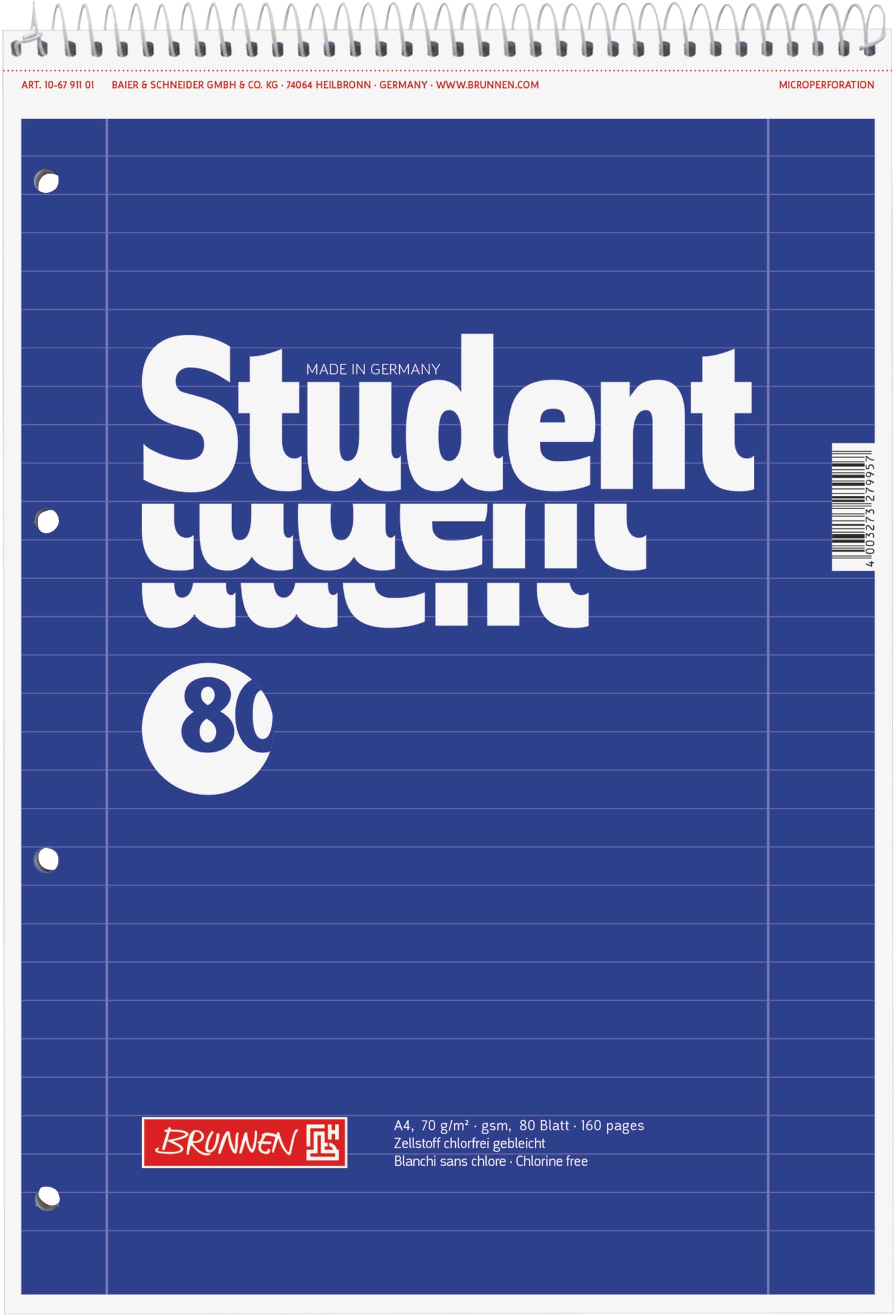 Brunnen 106791101 Student Left-Handed Notepad A4 Ruled 27 70 gsm 80 Sheets with Spiral Head