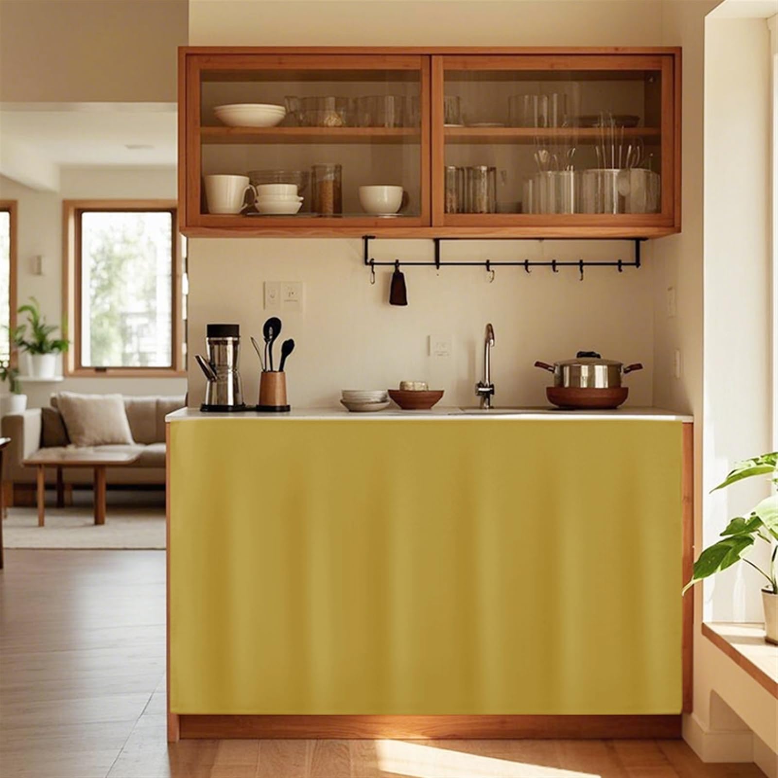 Wokuaile Sink Skirt for Kitchen, Waterproof Cabinet Curtains Self Stick Adhesive Under Desk Privacy Drape for Laundry Room, Yellow, 16" W x 28" L