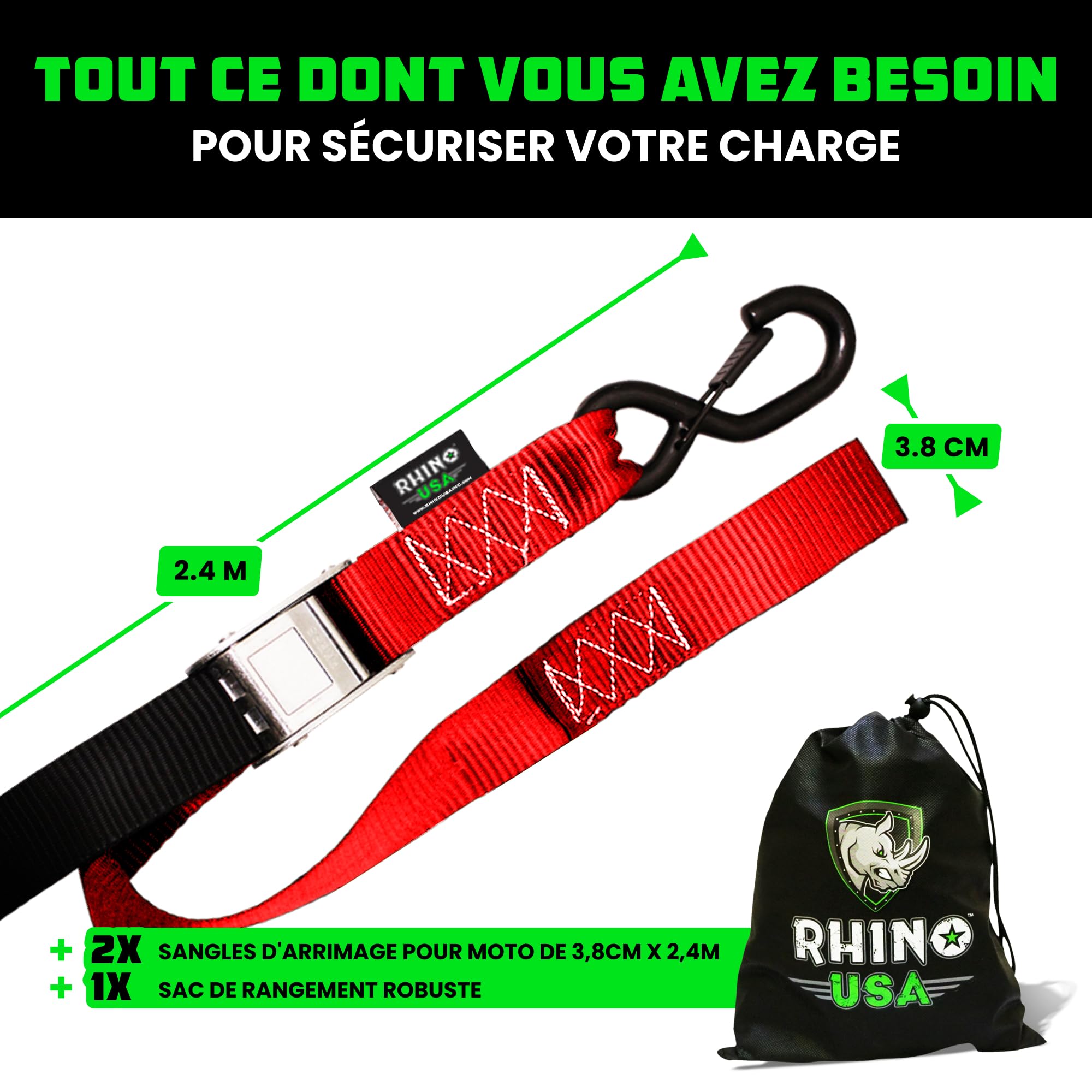 Rhino USA Lot 2 Sangle Arrimage Moto - Testées en Laboratoire Résistance à la Rupture de 1000 kg- Sangles d'Arrimage Acier avec Boucles Souples pour Remorque Guidon - Rouge