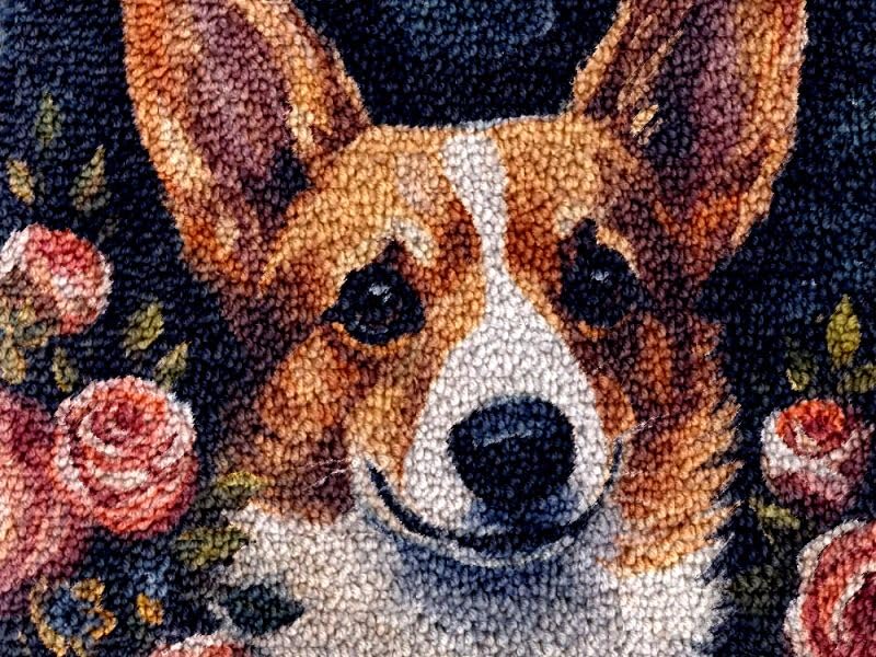 Corgi & Rose Latch Hook Kits Rug DIY Cushion Tapestry Making Crochet Hook Mat Making Kits Color Preprinted Pattern Canvas DIY Carpet Needlework Crochet Kits 52x38cm (cll-80)