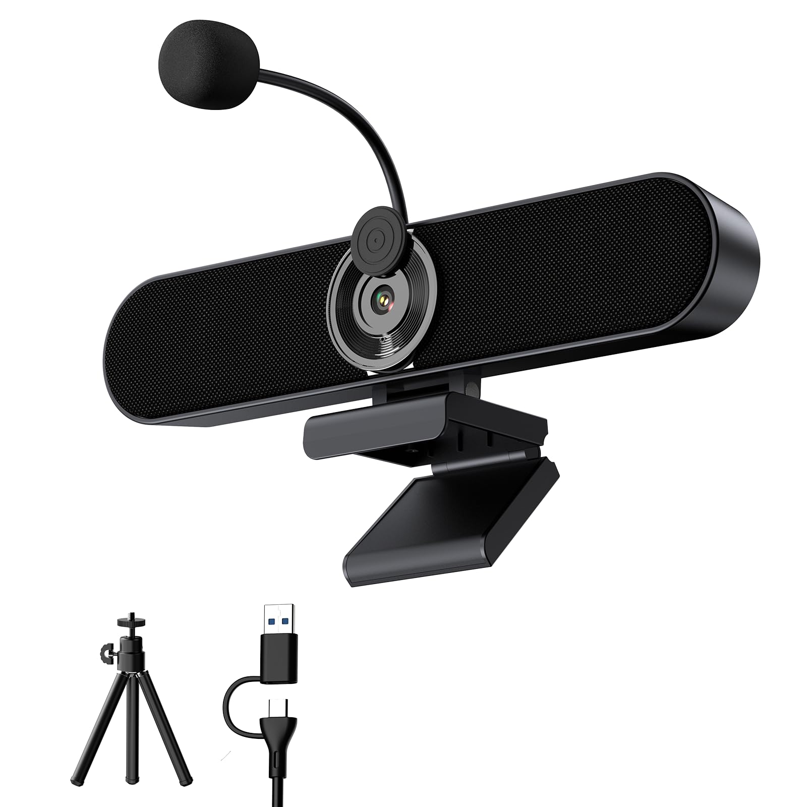 Inwa Altavoces PC con 2K Webcam y Mic, Barra Sonido para Monitor con Pinza | W/90° FOV, Cubierta de privacidad, Micrófono extraíble, Trípode ajustable, Sonido estéreo y graves, USB Plug & Play