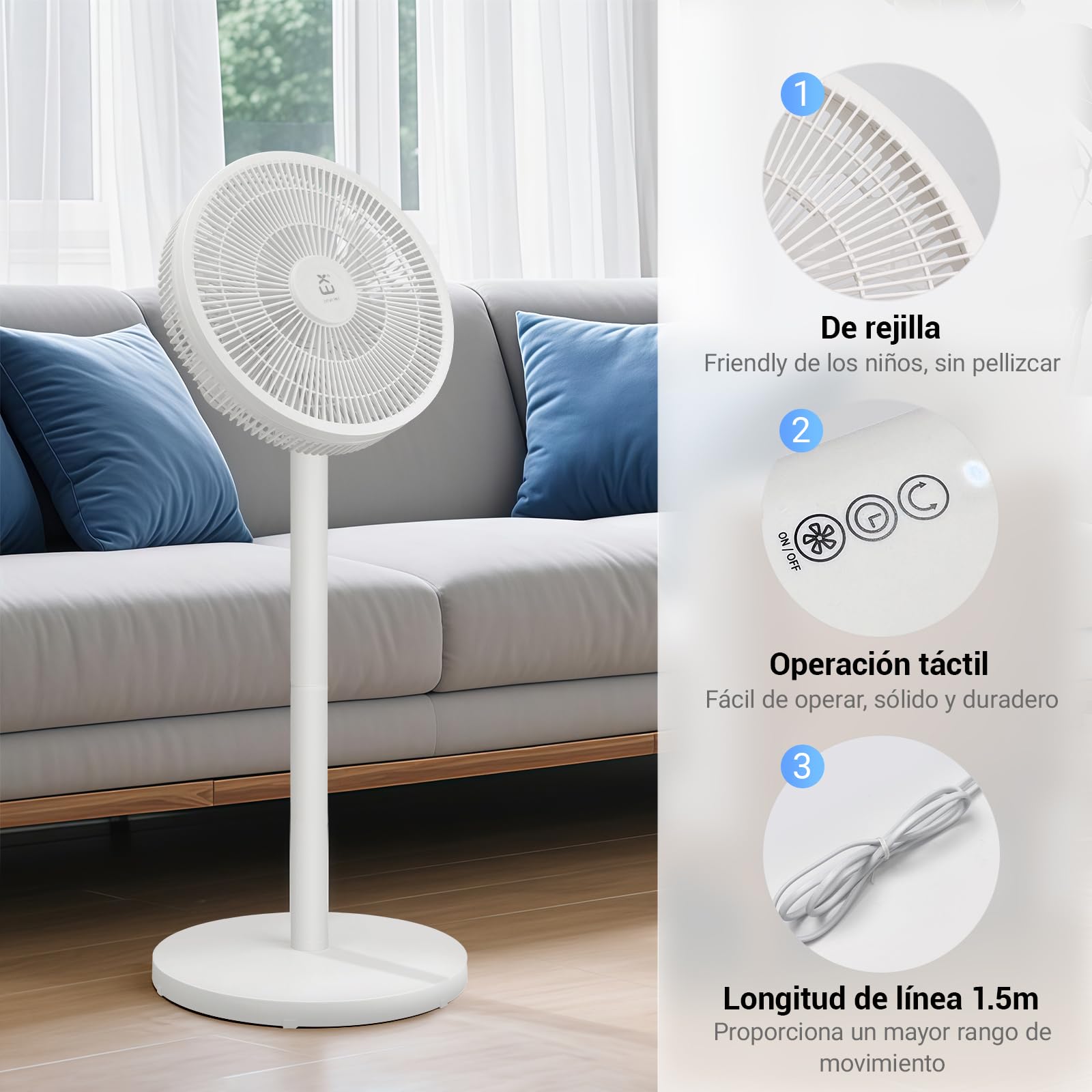 EXTRASTAR Ventilador de Pie Silencioso, oscilante, Modo Noturno, 3 velocidades, diámetro de hélice 32 cm incluye aspas y control remoto, Con Aspas, Moderno, Color Blanco