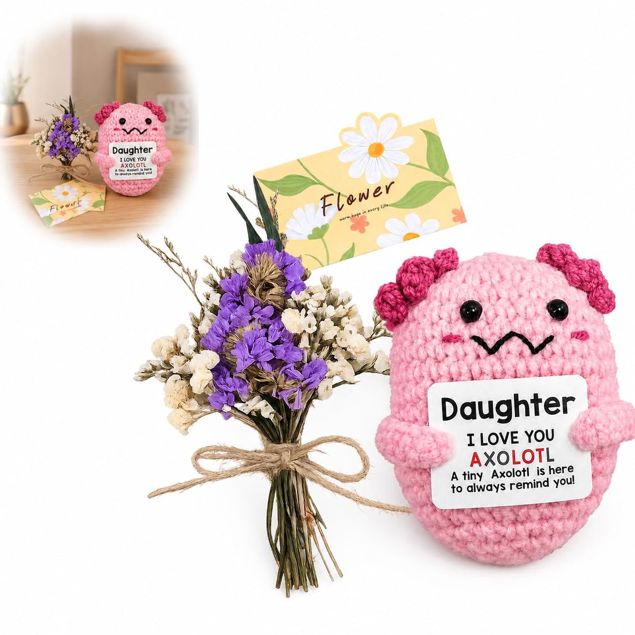Handmade Crochet Pink Axolotl Plush Toy with Magenta Gills & I Love You Card - Emotional Support Gift for Daughter, Friend, Teacher, Birthday, Mother's Day