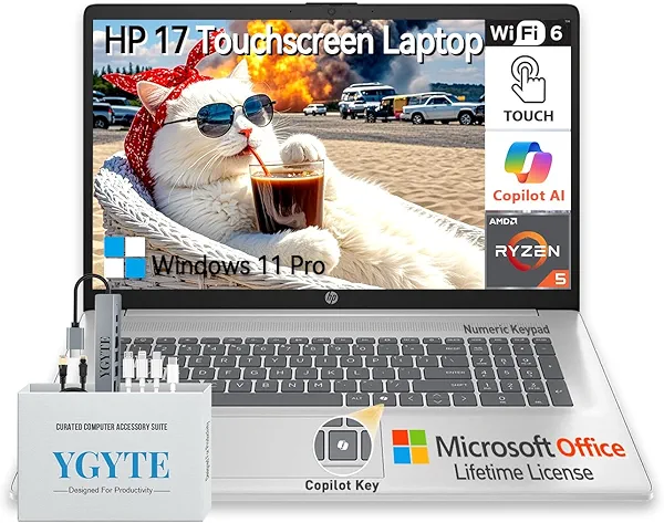 HP 2025 17 Inch Laptop Touchscreen Computer, 17.3 HD+ Touch Screen Business Laptop, AMD Ryzen 5(6-Cores), Windows 11 Pro Lifetime Office, 10-Key Number Pad, 32GB RAM 1TB SSD