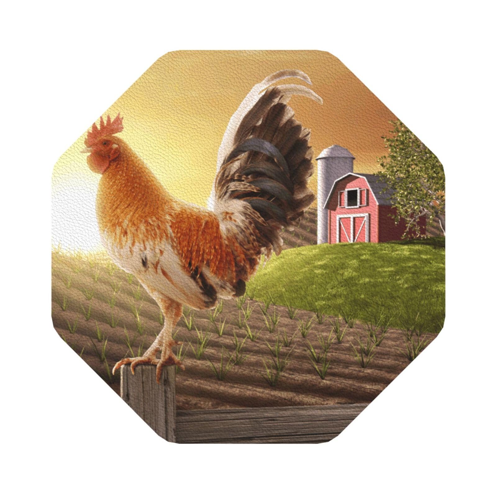 Rooster on Wood in Farmland PU Leather Coasters Set of 6 Octagon Drink Coasters