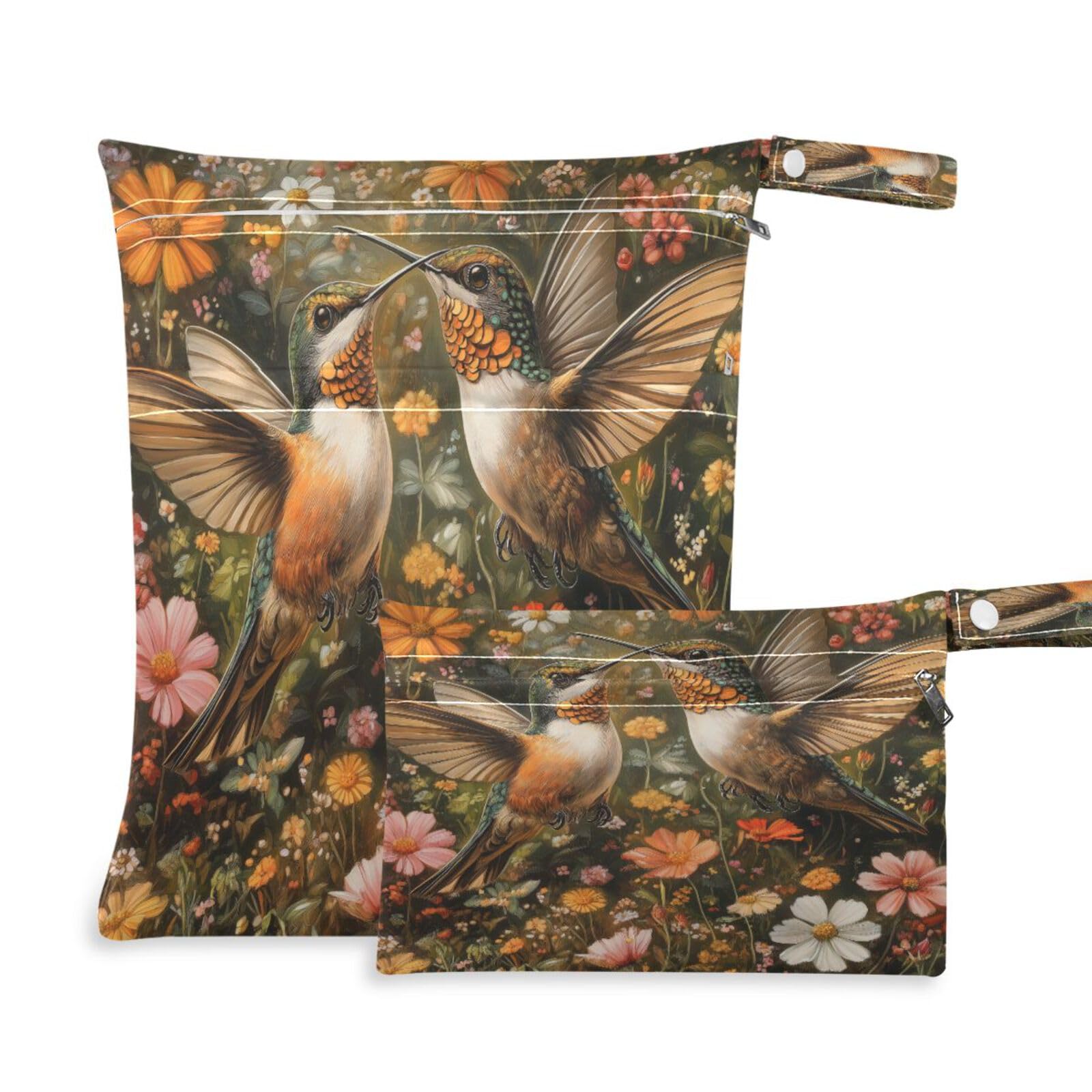 ATTX Hummingbirds Wildflowers Wet Dry Bags 2-Pack - Reusable Cloth Diaper Storage for Travel, Beach & Gym | Multi-Use Waterproof Bags for Swimsuits, Baby Clothes, Sports Gear#241