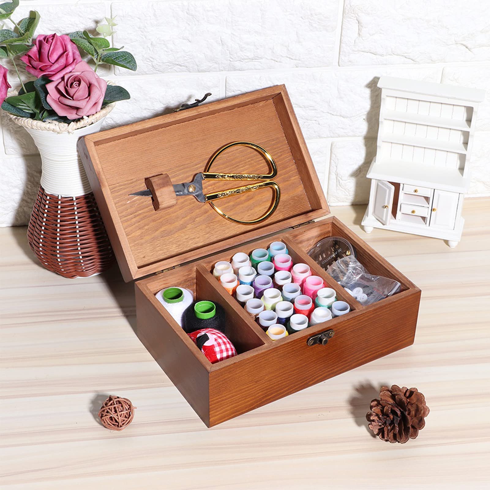 Sewing Storage Box, Vintage Wooden Sewing Basket Needle Thread Storage Case Beginner Universal Sew Kit Accessories for Home Women Men (Dandelion Set Box)