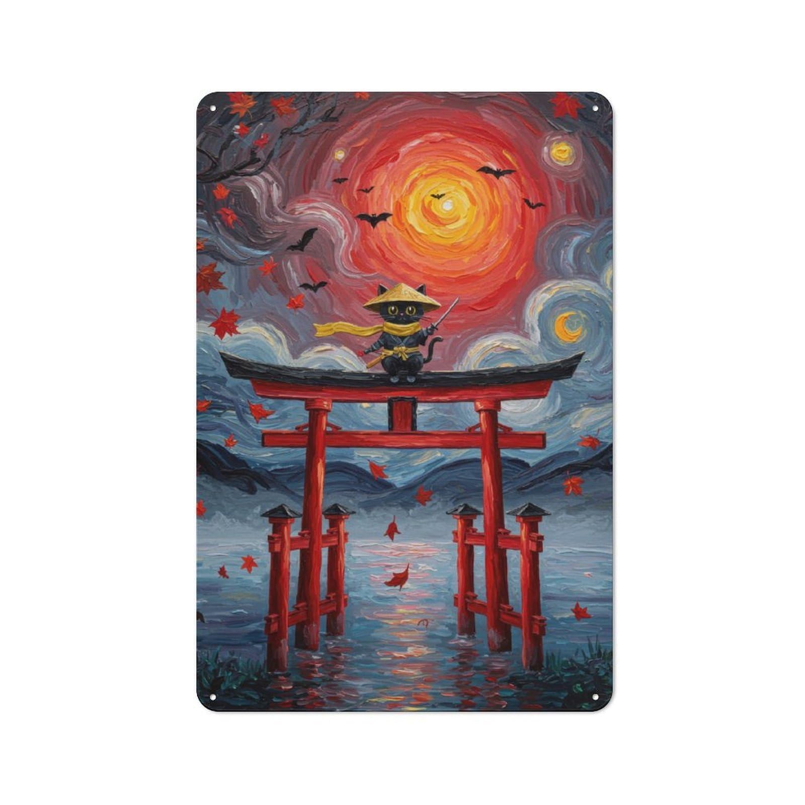 Junmoney Ninja Cat At Torii Gate Painting Retro-Style Metal Wall Sign 30X20cm For Pub Or Café, A New Home Present For Hospitality Wall Decor Collectors