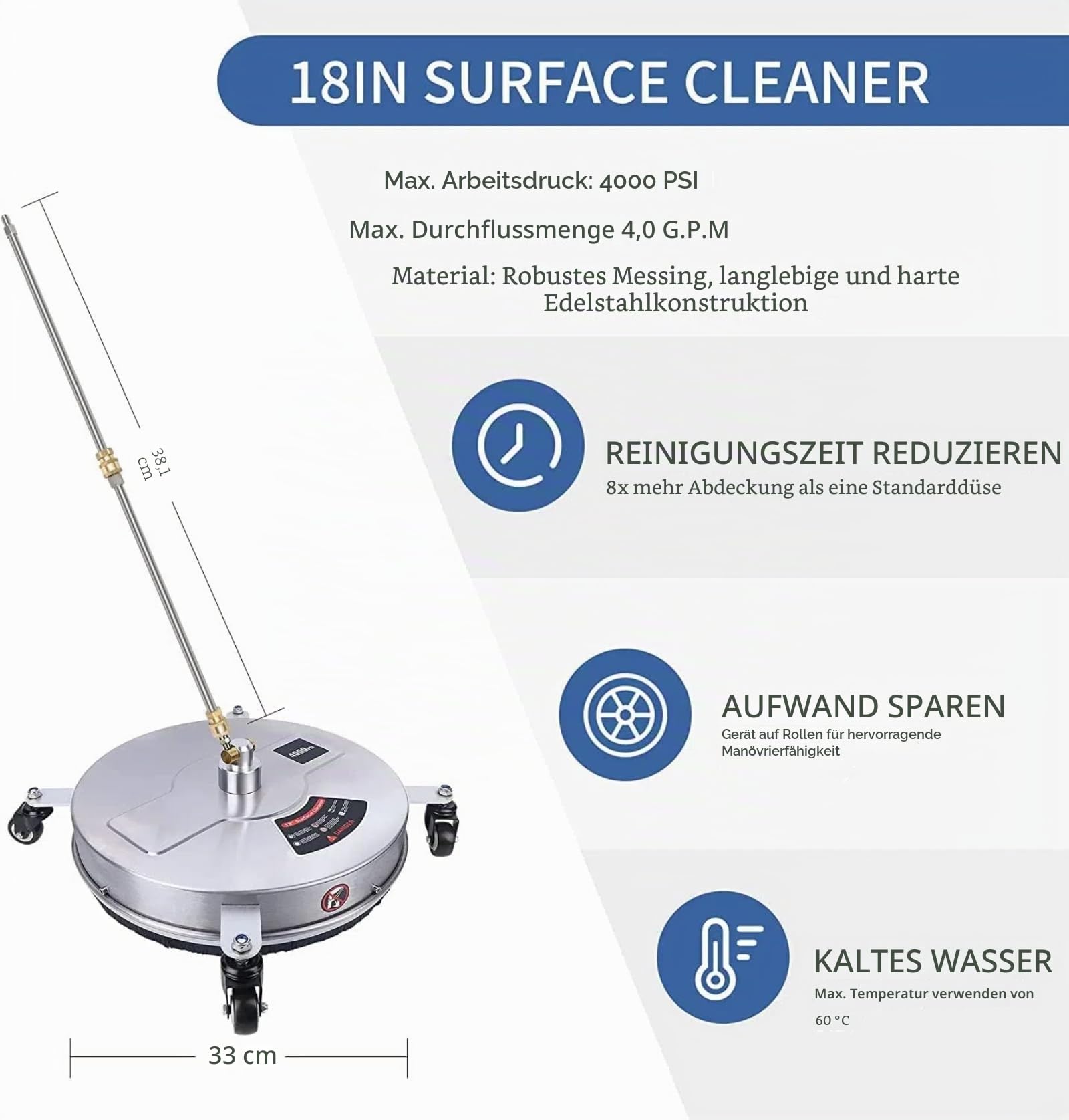 13" Pressure Washer Surface Cleaner with 4 Wheels, Stainless Steel Housing & 1/4" Quick Connector, Power Washer Attachment with 2 Extension Wands, 2 Replacement Nozzles, 4000 PSI