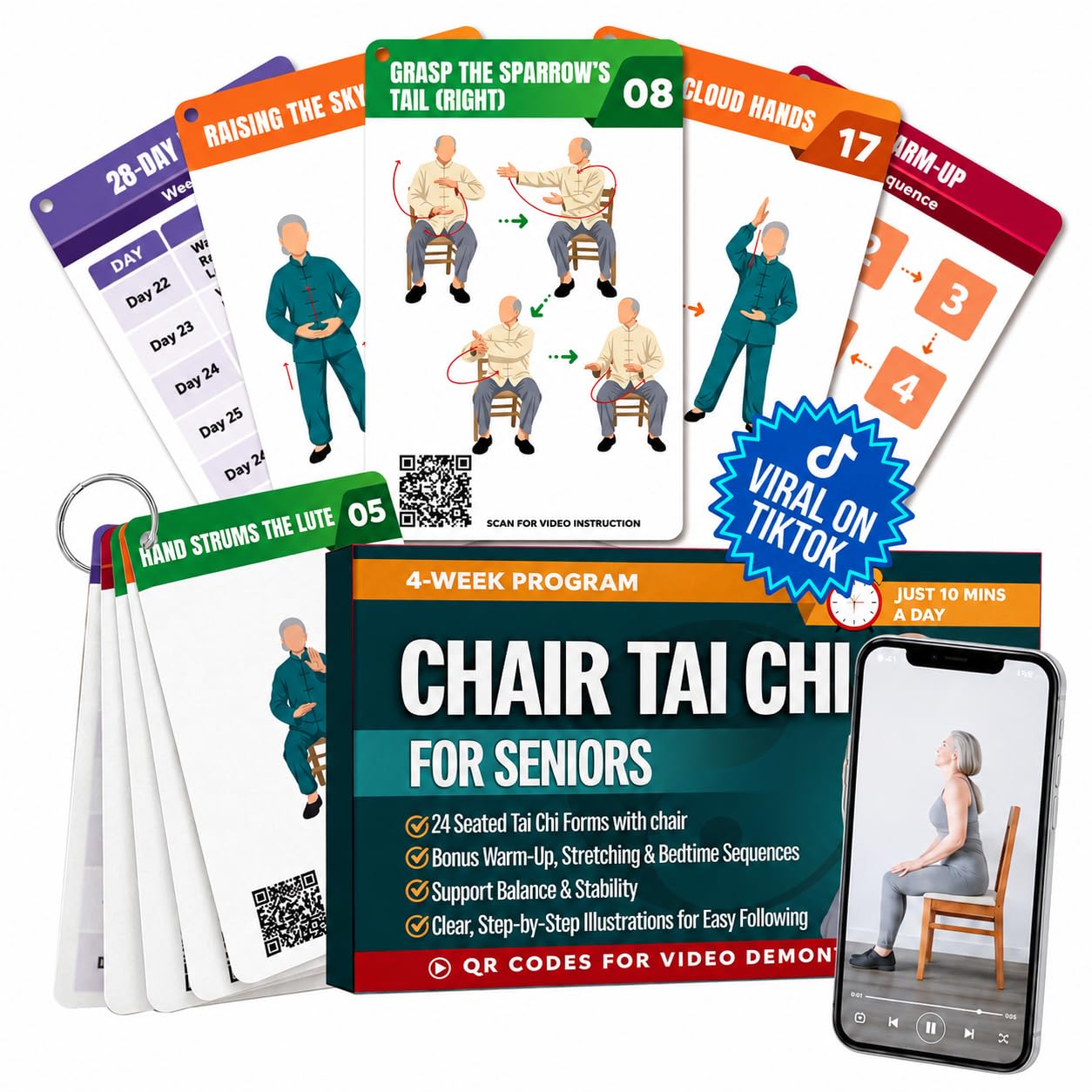 POCAZONE Chair Tai Chi for Seniors Over 60, 46 Exercise Cards & Video Guide
