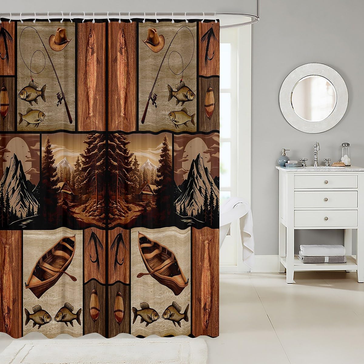 Feelyou Fish Shower Curtain for Kids Smoky Mountain Bathroom Shower Curtain Set Fish Hook Fishing Theme Bath Curtain Decor Sea Animal Farmhouse Brown Kids Bathroom Accessories 72"x84"
