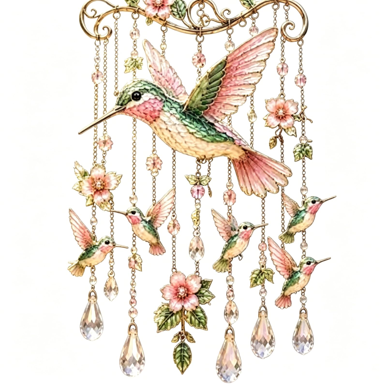 Hummingbird Wind Chime Outdoor – Stained Glass & Crystal Sun Catcher Windchime, Colorful Bird Garden Yard Decor, Memorial Gift for Women, Grandma, Garden Lovers