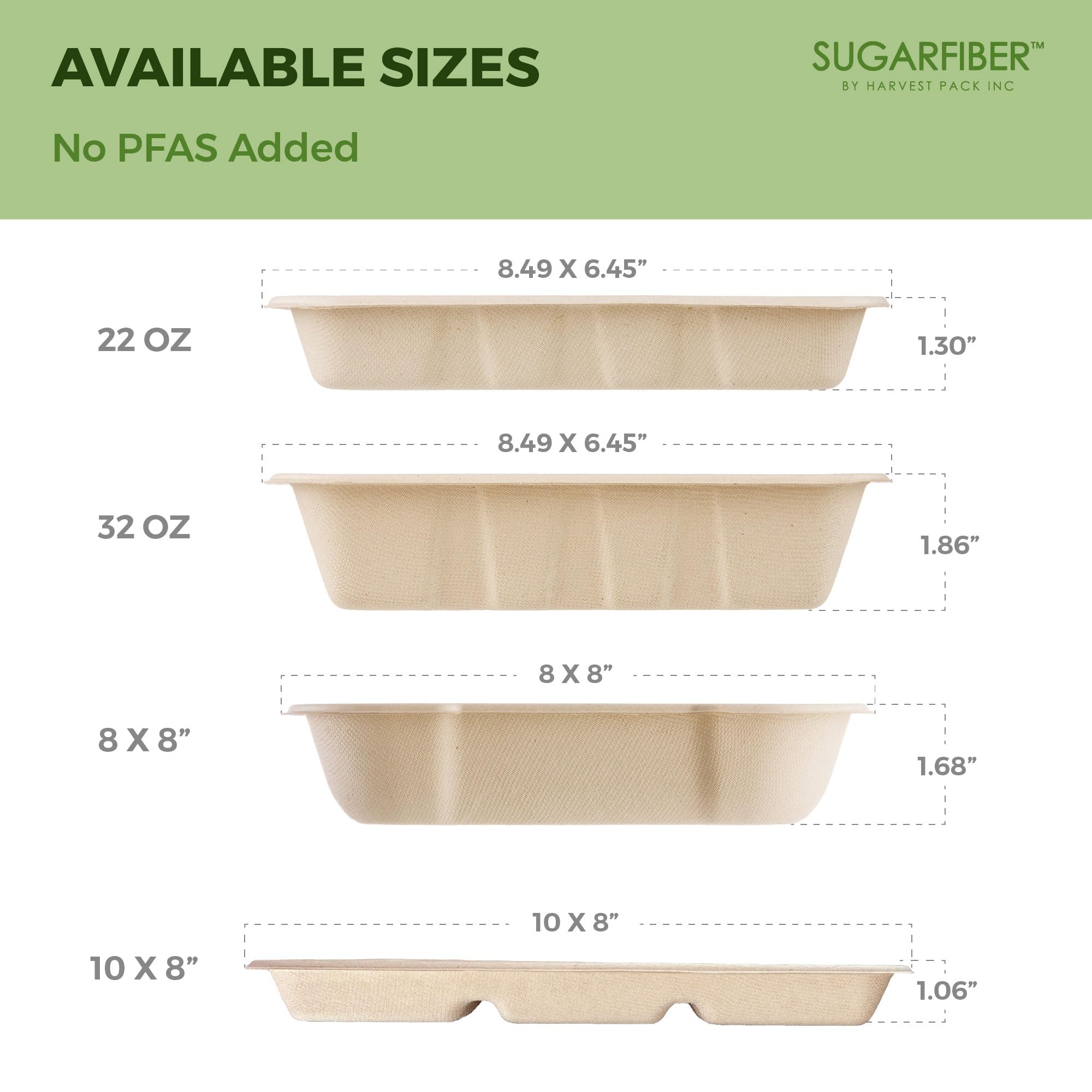 [100 unidades] Harvest Pack Bandeja de alimentos de 10 x 8 pulgadas, 5 compartimentos sin PFAS, bandejas desechables para servir bagazo, rectangulares, hechas de fibras vegetales ecológicas de caña de