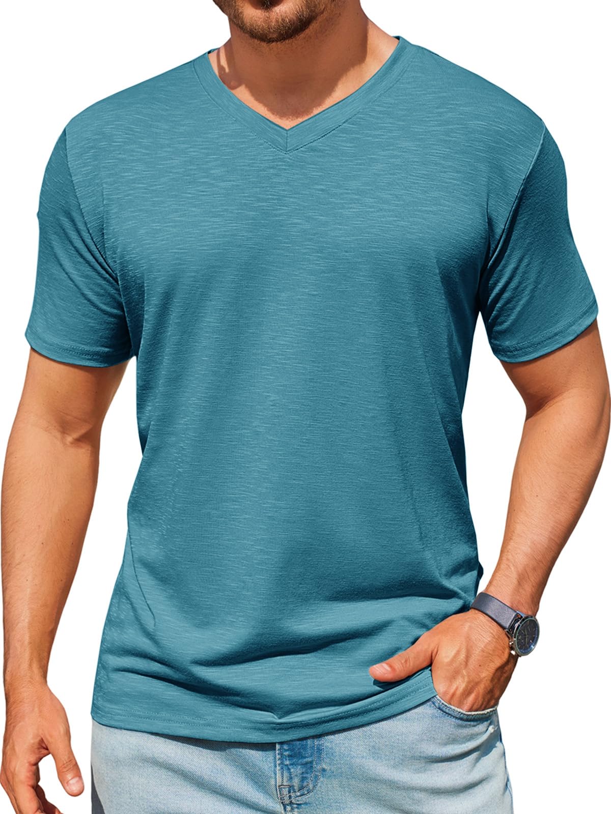Runcati Mens T-Shirts Short Sleeve V Neck Casual Classic Shirt Summer Stretchy Regular Fit Lightweight Tees