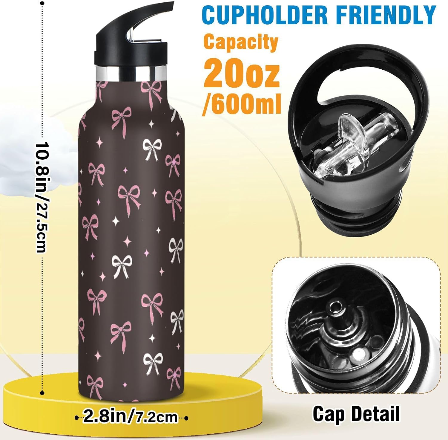 Kids Insulated Stainless Steel Water Bottle with Straw Lid, Pink Bows Stars Black 20 Oz Sports Water Bottle BPA-Free Leak Proof Vacuum Double Wall For Boys Girls