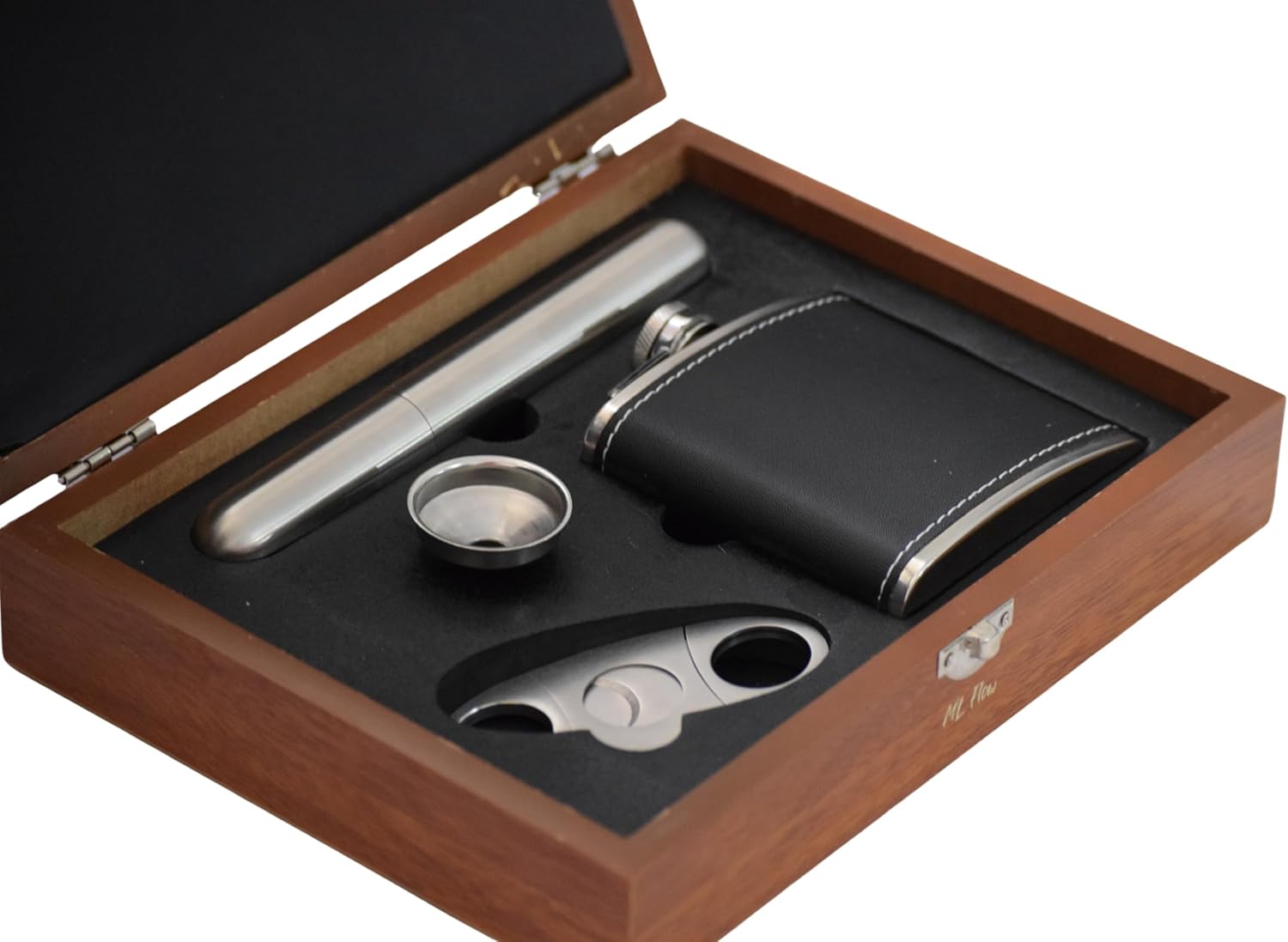 Flask Gift Set for Men – Stainless Steel Hip Flask with Funnel, Cutter & Case in Elegant Wooden Box – Perfect for Whiskey Lovers, Groomsmen, Gifts & Special Occasions