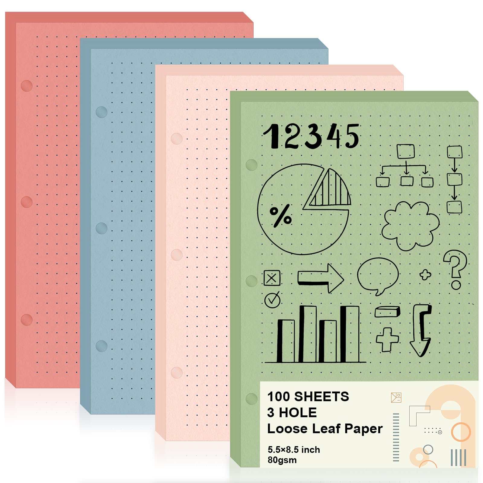 100 Sheets Half Letter 3 Hole Notebook Dot Grid Paper 5-1/2 x 8-1/2 Loose Leaf Paper for Mini Binder Colored Dotted Graph Paper Bulk Dotted Paper