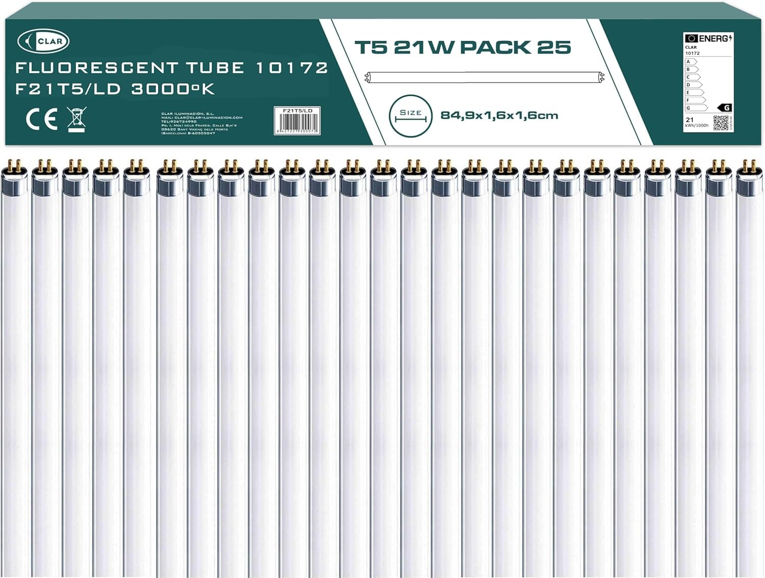 CLAR - Fluorescent Light Tubes, T5 Bulb, Fluorescent Light, 84,9 x 1,6 cm (21W 3000K T5, Pack 25) — image 1