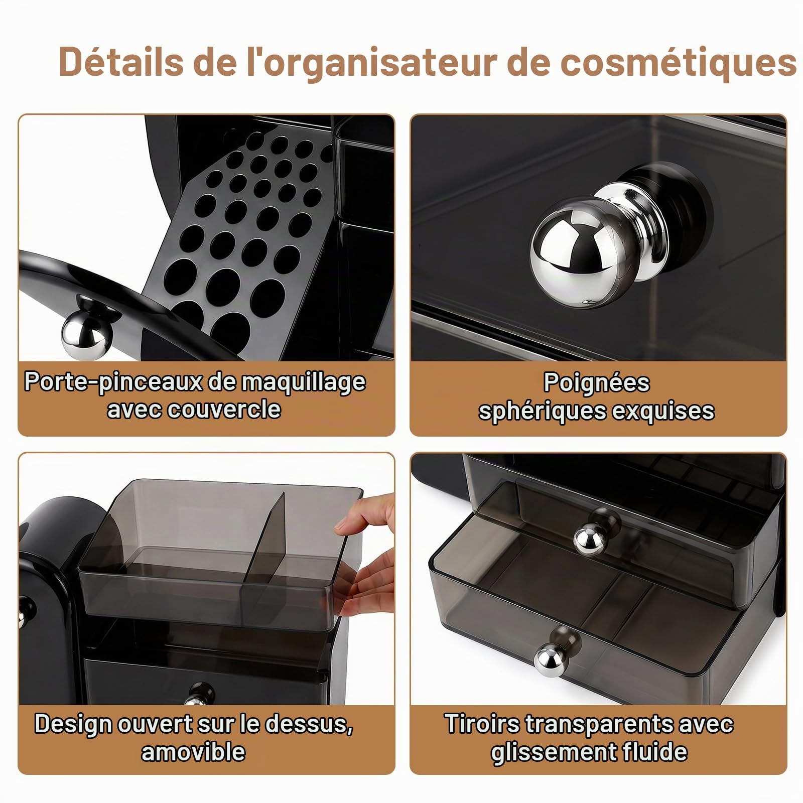 ERWEY Rangement Maquillage Organisateur avec Tiroirs, Organisateur Maquillage, Rangement de Pinceaux, Boîte de Rangement pour Commode, Coiffeuse, Salle de bain (Noir)