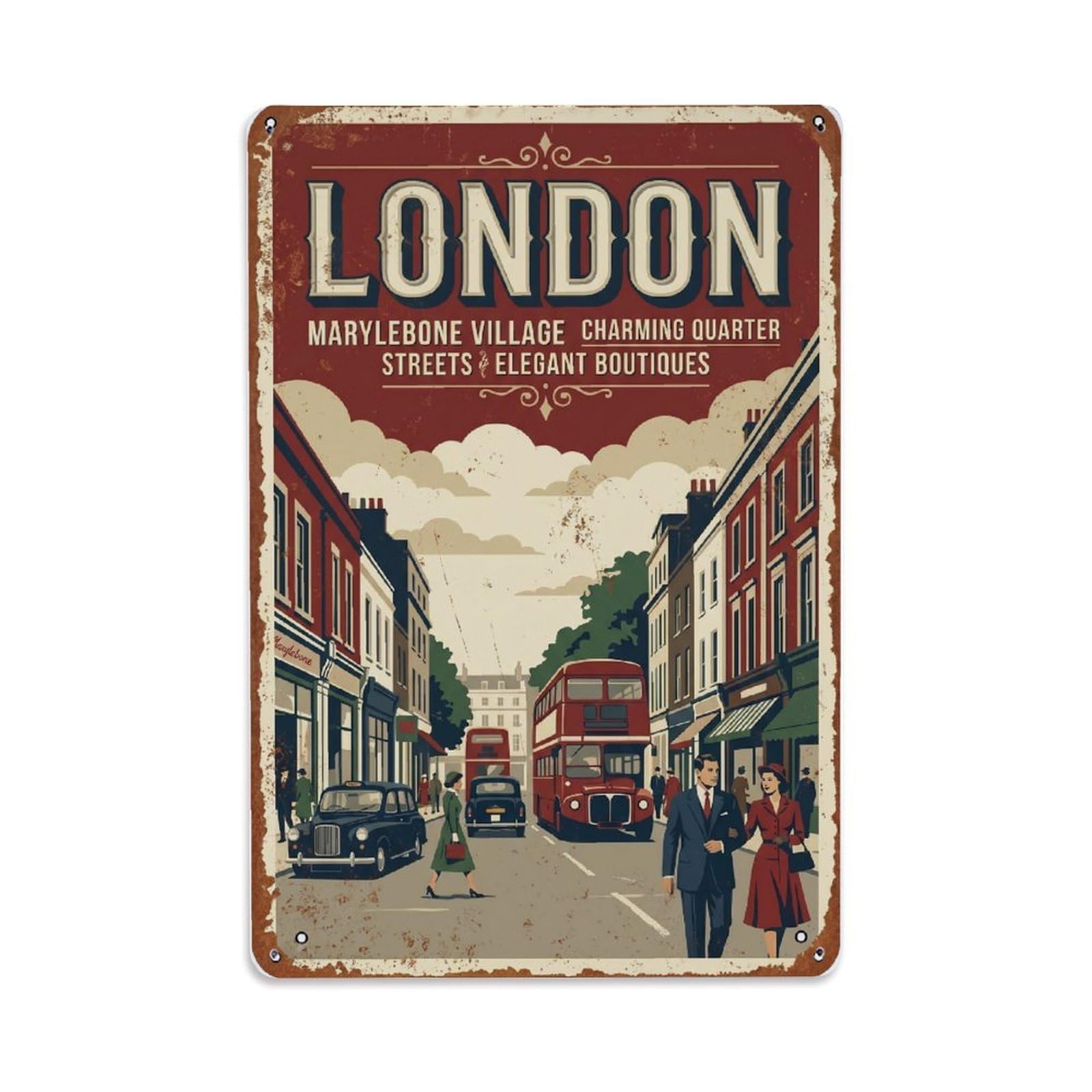 Vintage Travel London Marylebone Village Quarter Rusted England Metal Tin Sign Plaque Wall Decor for Cafe, Club Bar, Office, Home Garden Metal Poster 8x12Inch
