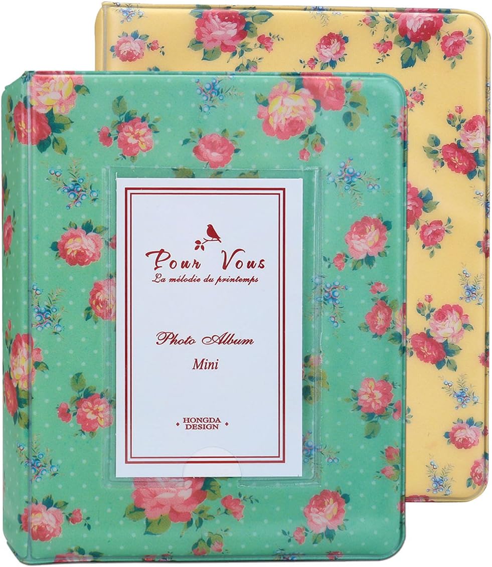 Instax Album Set, Bundles Set of 2 Vintage Flower Floral Mini Photo Album, for Fuji Fujifilm Instax Mini 8 90 Polaroid, 3-inch Business Credit Name Card Holder (Green/Yellow)