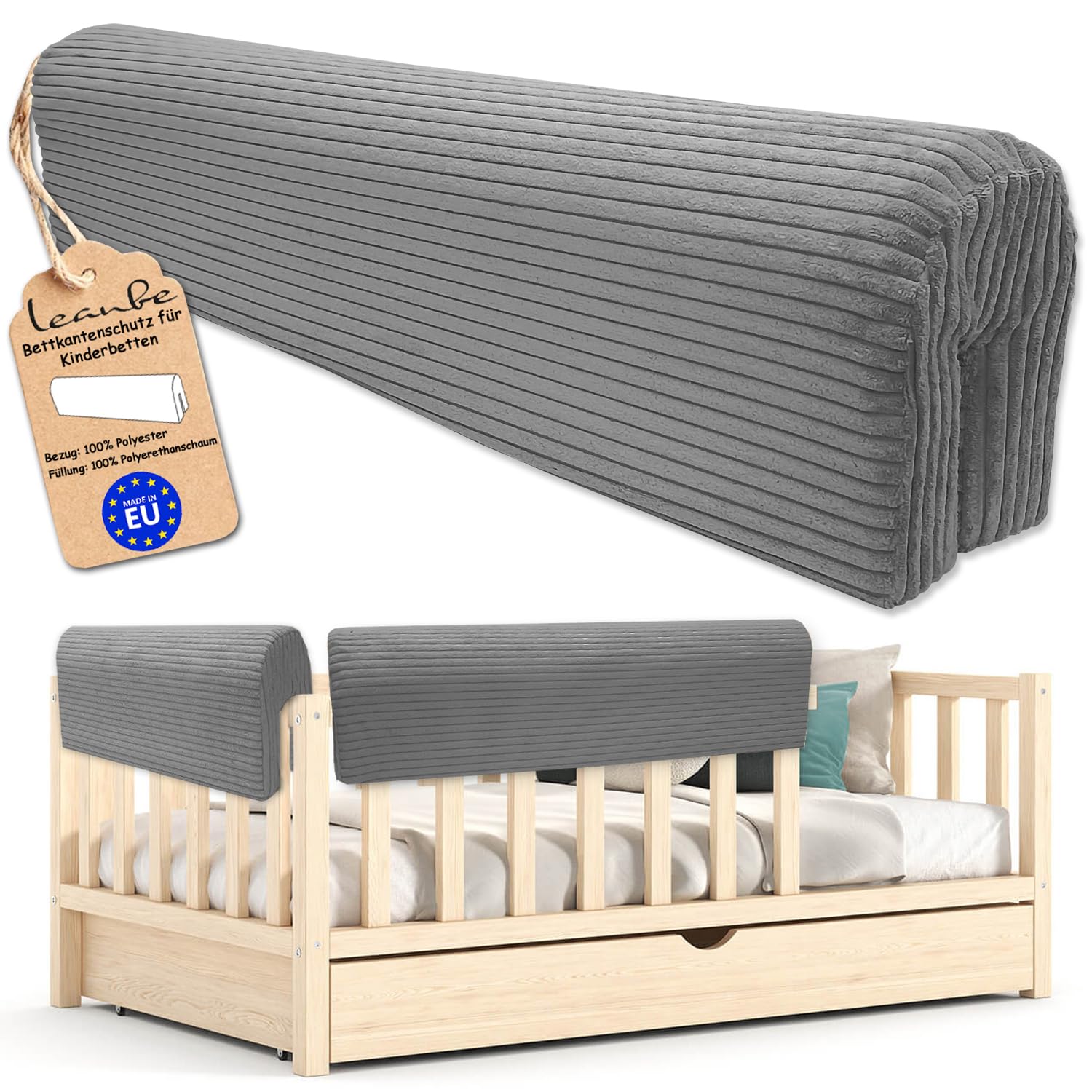 Leanbe Bettkantenschutz für Kinderbetten Kissen für bettumrandung Rausfallschutz Abdeckung Kantenschutz für Babybett (GRAU Cord, 80cm)