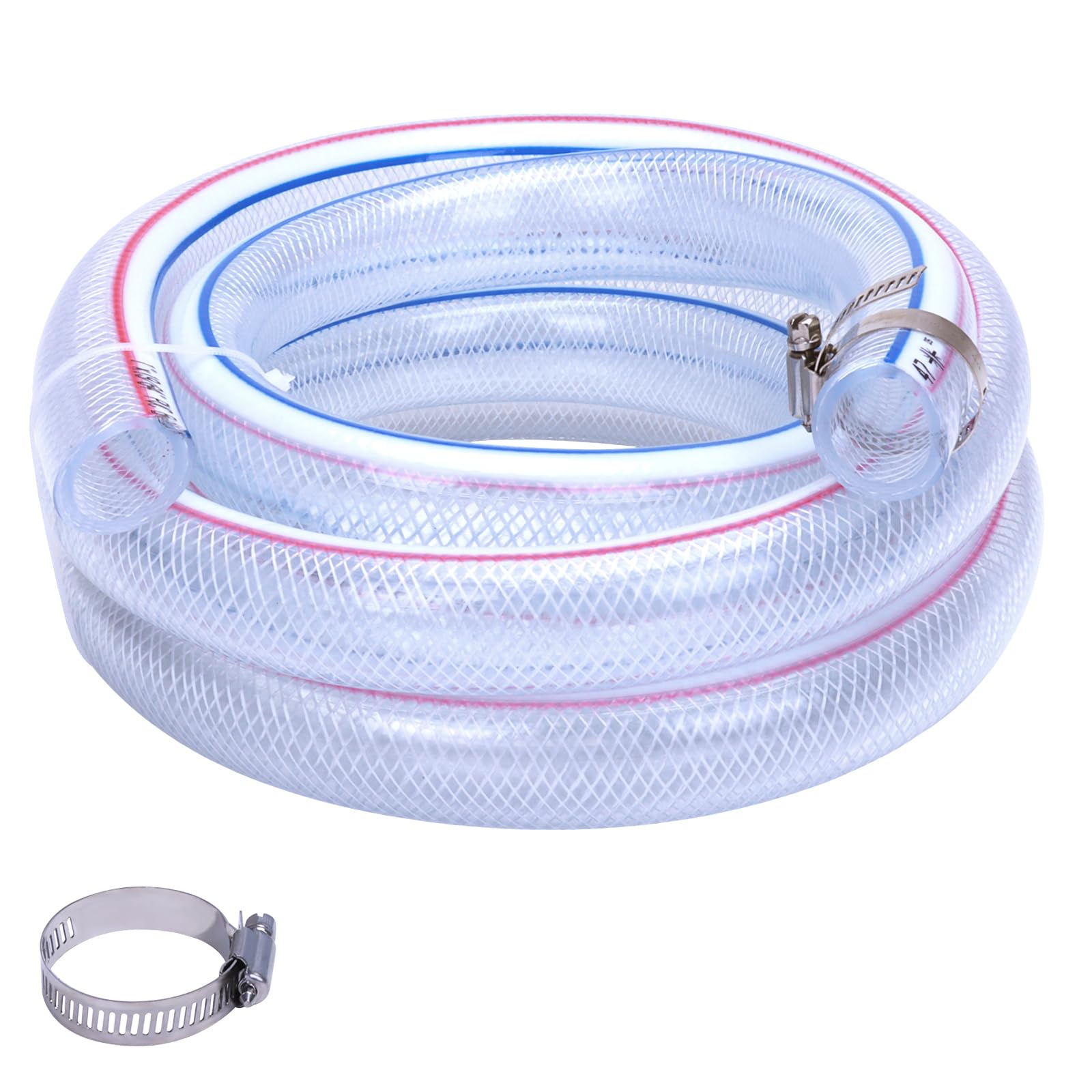 Soft Braided PVC Tubing - 1" x 1-19/64" OD High Pressure Clear Flexible PVC Tube Reinforced Vinyl Hose for Water, Oil with 2pcs Hose Clamps (10Ft)