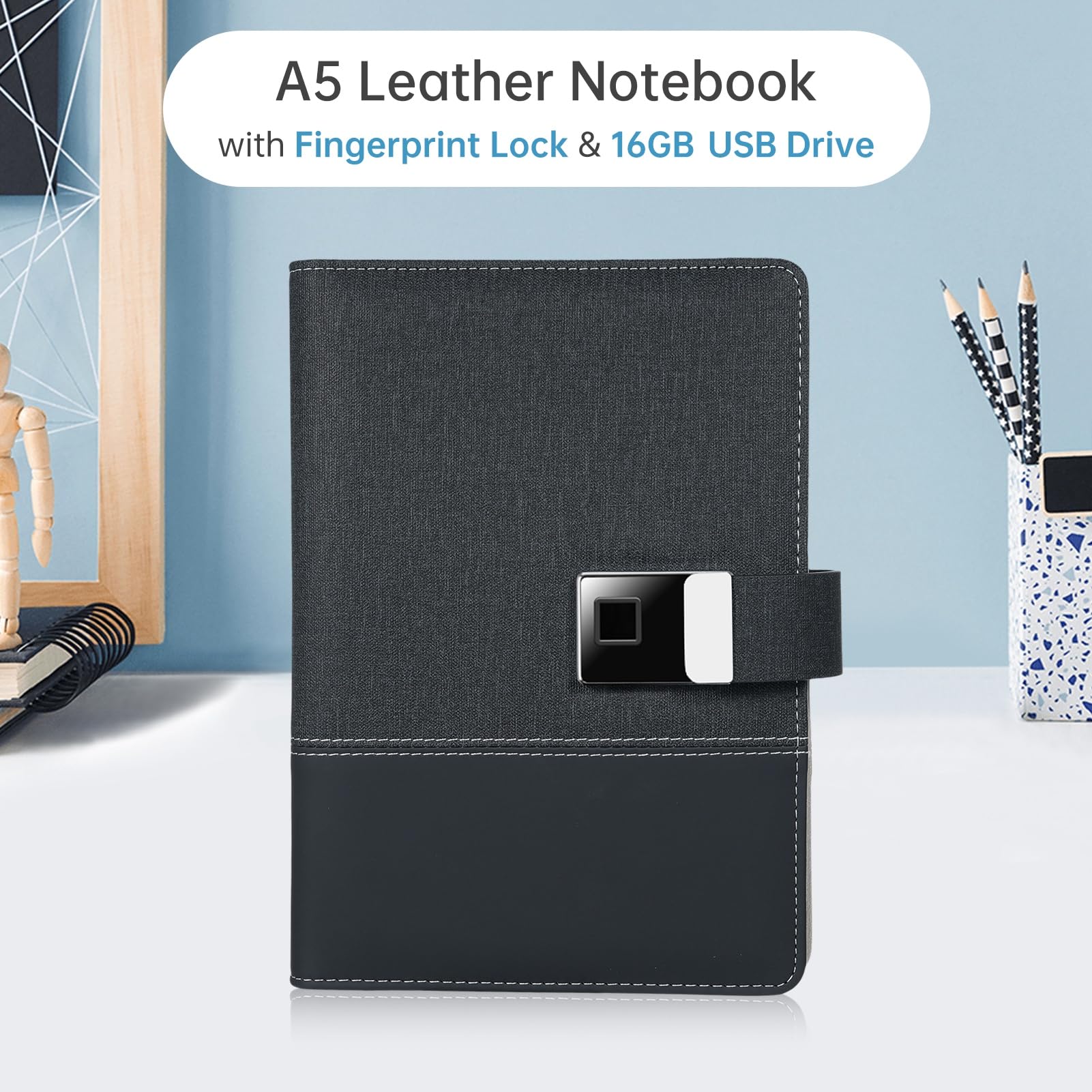 YUYTE A5-Notizbuch aus Leder mit Fingerabdrucksperre, 16 GB USB, Tagebuch Zum Schreiben mit Kartenfächern, Geschenkauswahl, Akkulaufzeit für Profis