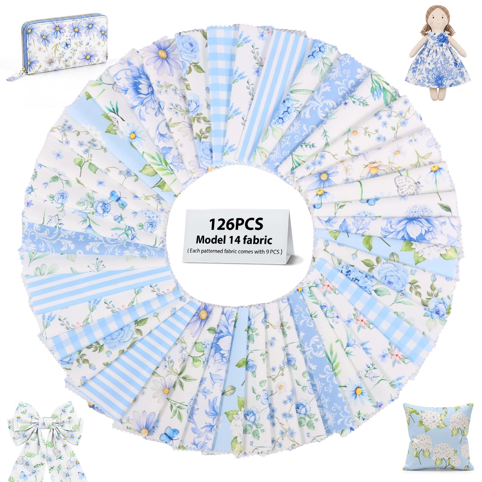 126Pcs Cotton Fabric Squares,12.7 X 12.7cm Precut Patchwork Fabric Bundle, Floral Craft Material Assortment for Quilting, Sewing, Scrapbooking & DIY Projects(Blue + White Color)