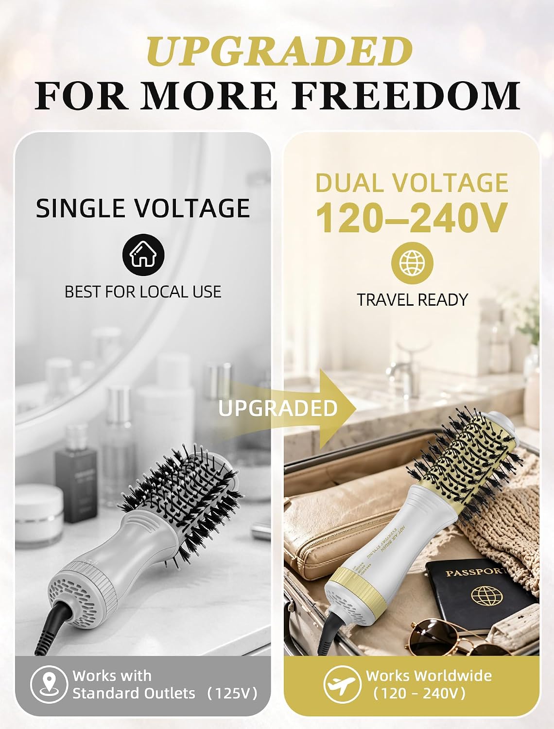 Travel Hair Dryer Brush, 2 Inch Oval Blow Dryer Brush for Short to Medium Hair, Dual Voltage 120-240V Hot Air Brush, Ceramic Blowout Brush with 3 Heat Settings, White Gold