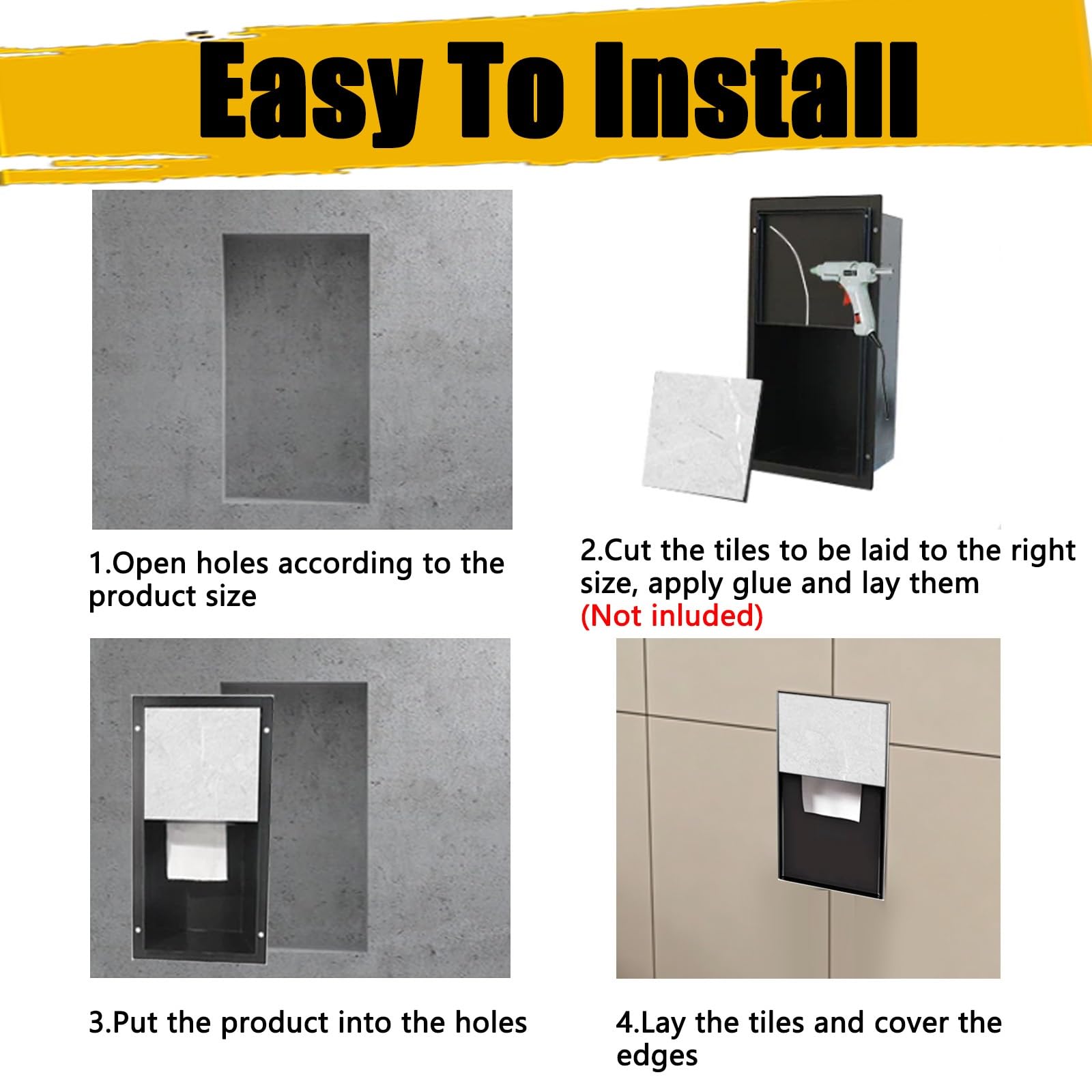 Porta Carta Igienica Porta Carta Igienica A Nicchia Da Incasso A Parete, Portarotolo In Acciaio Inossidabile Per Bagno, Distributore Di Carta Igienica(Black,1tier)