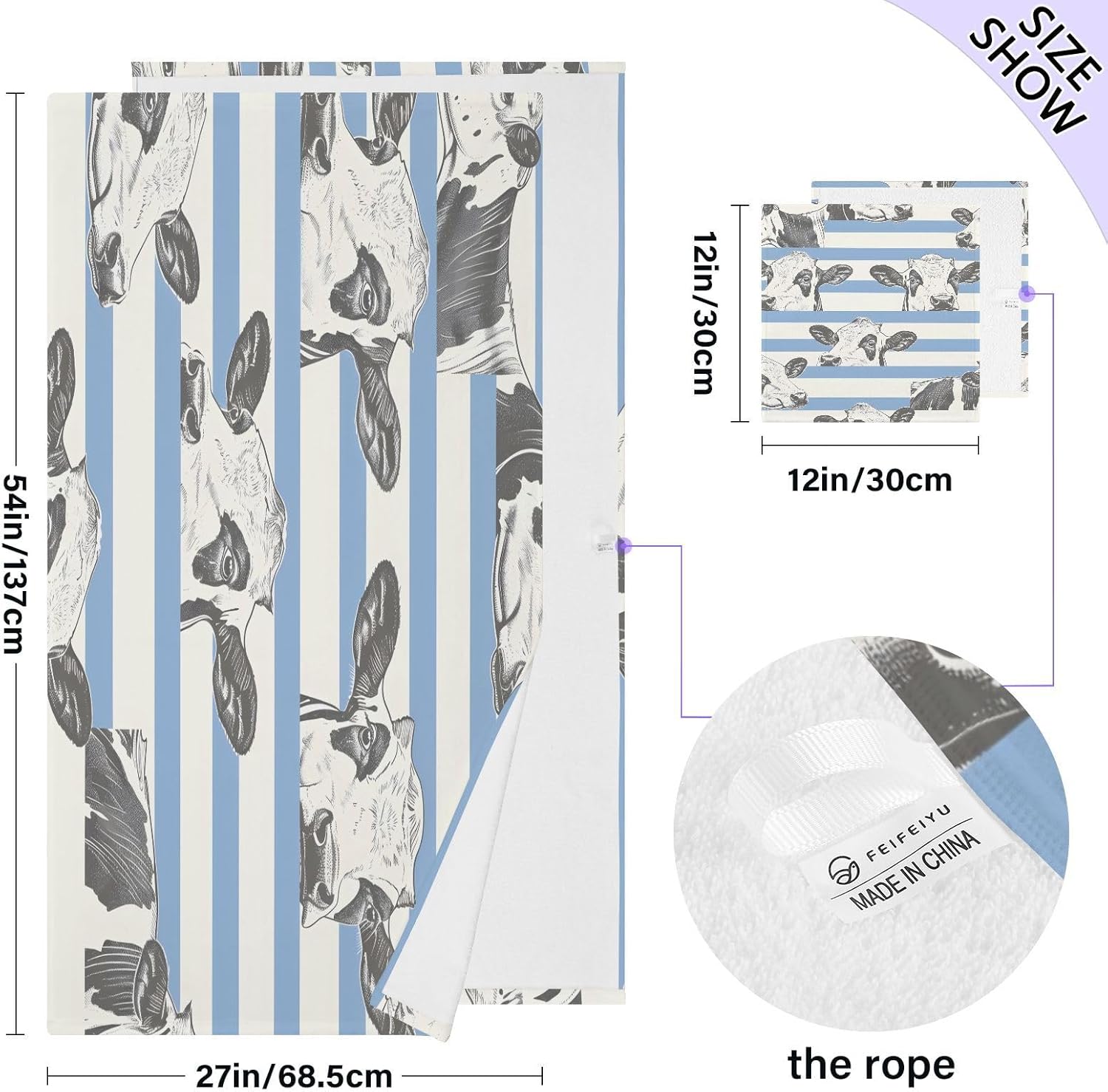 Hand Towels Premium Soft and Highly Absorbent Cows on Striped 2 Pcs Towels for Bathroom Set 100% Cotton Decorative Face Towels