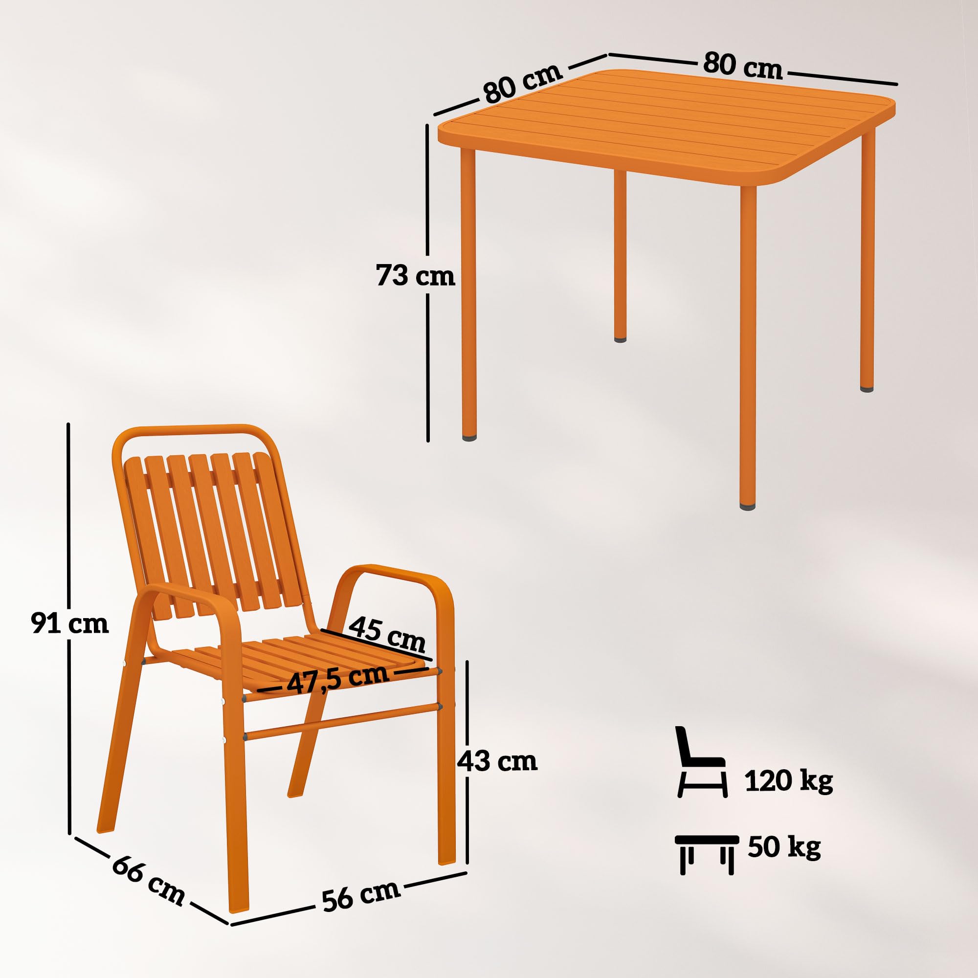 Outsunny Salon de Jardin extérieur 5 pièces, Table de Jardin extérieure avec 4 chaises empilables, Plateau à Lattes 80 cm, Structure en Acier Anti-Rouille, pour terrasse, Patio, Orange