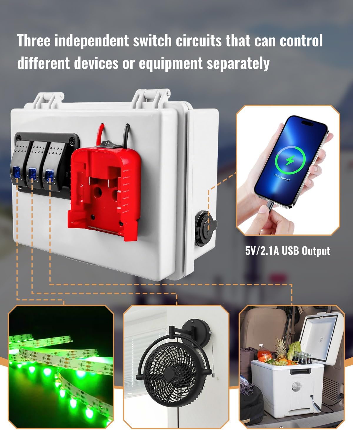 Power Distribution Box with Low Voltage Protection Fits for Milwaukee M18 18V Battery, Pre-Installed 3-Way Circuits and Dual USB Charger, Battery Adapter Box for RV Truck Trailer Van Yacht Warehouse