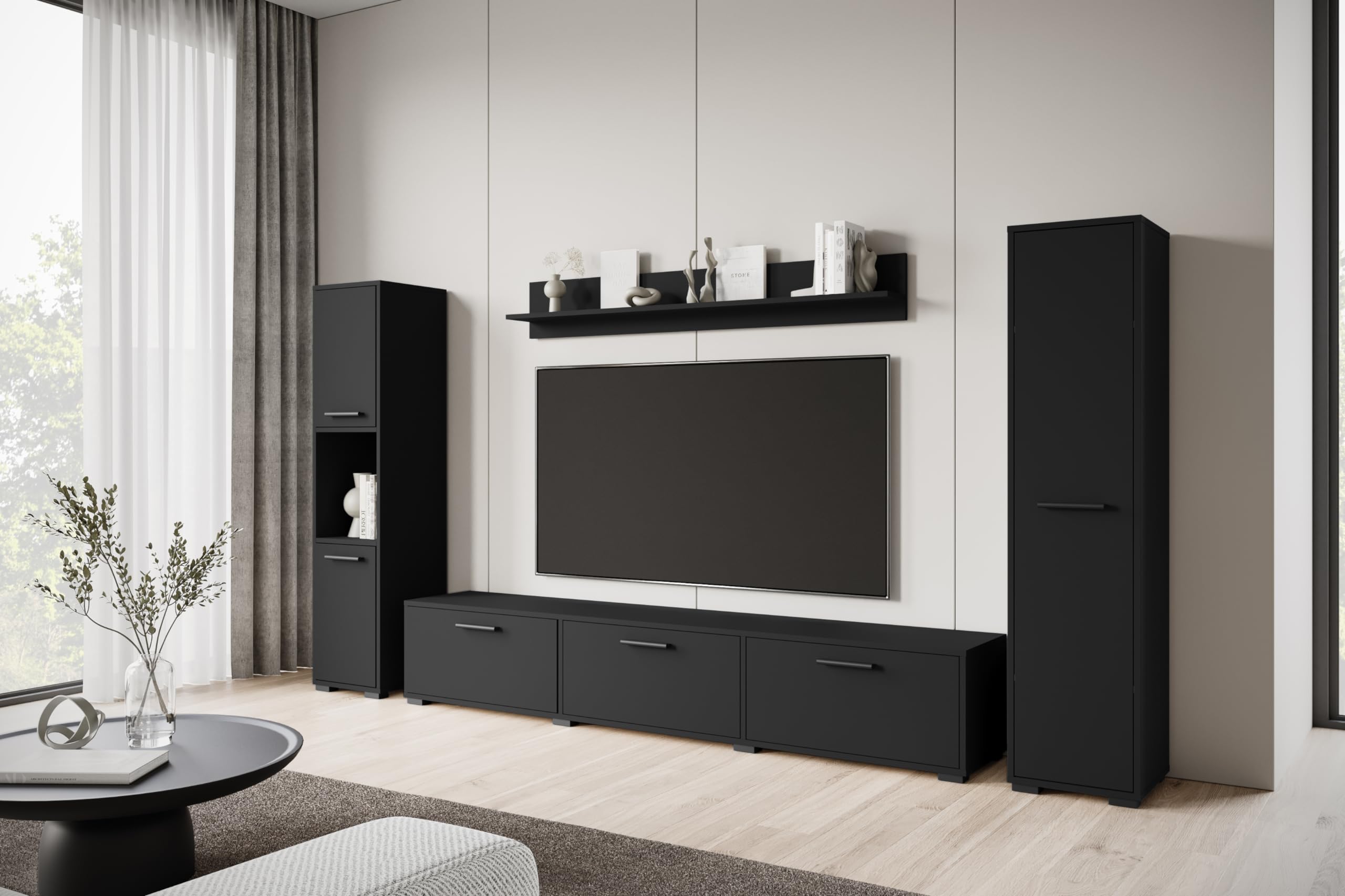 MINIO go for it - Wohnwand Wohnzimmer 4-teilig Toga, Wohnzimmer Möbel Set, 1x TV Lowboard, 2X Hochschrank, 1x Wandboard, Wohnzimmermöbel Komplett, Wohnzimmer Set - Farbe Schwarz Graphit Matte