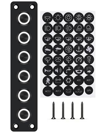 IZTOSS 6 Gang Switch Panel Pre-Wired DC 12V Switch Panel White LED Button and IP65 Waterproof Frosted Black Antioxidant Aluminum Panel, Ideal Marine Panel Switches, Car RV Truck Switch Panels
