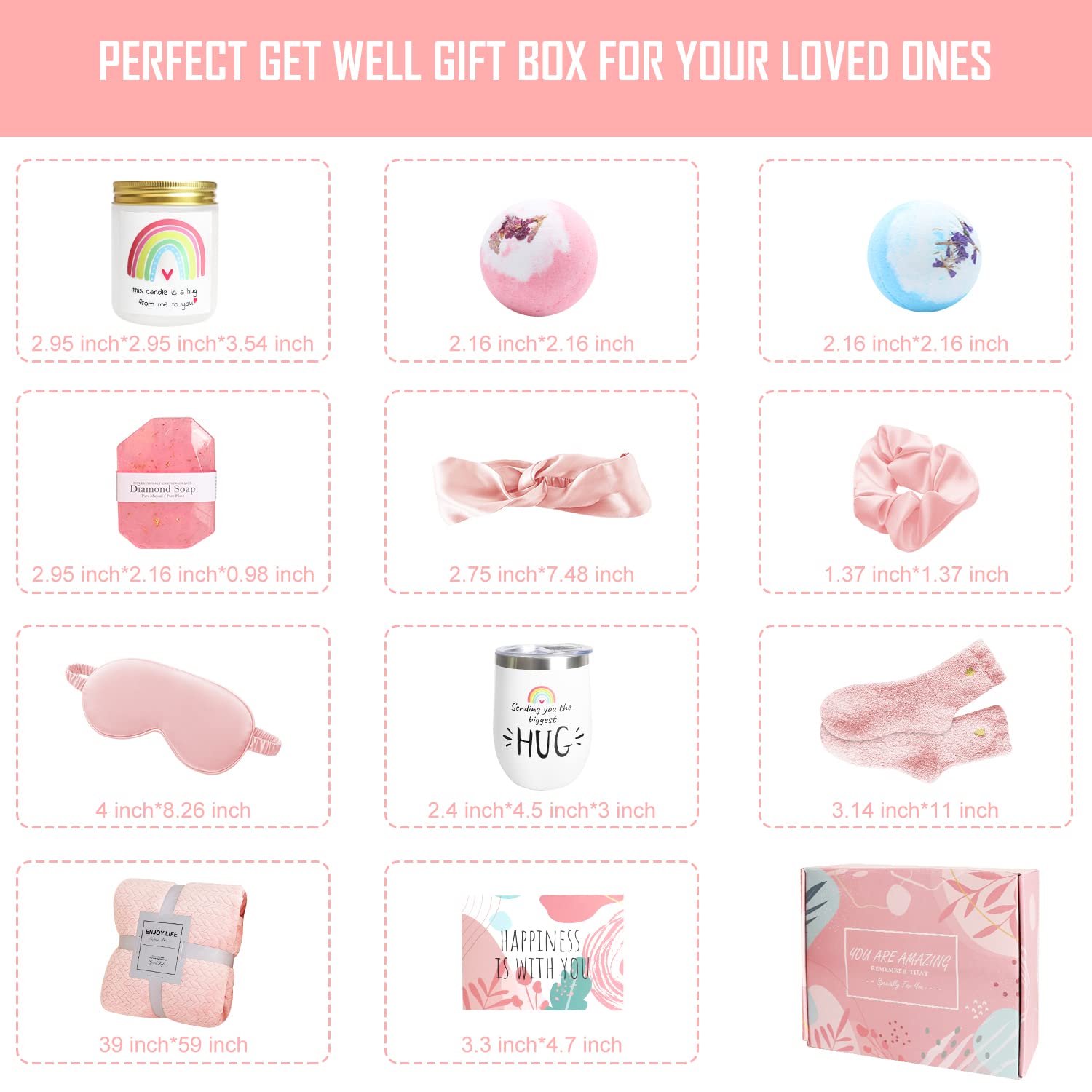 Get Well Soon Gifts for Women, 11 Pcs Care Package Gift Feel Better Get Well Basket After Surgery Recovery Self Care Gift Thinking of You Box with Blanket Tumbler for Women Sick Friends(Pink)