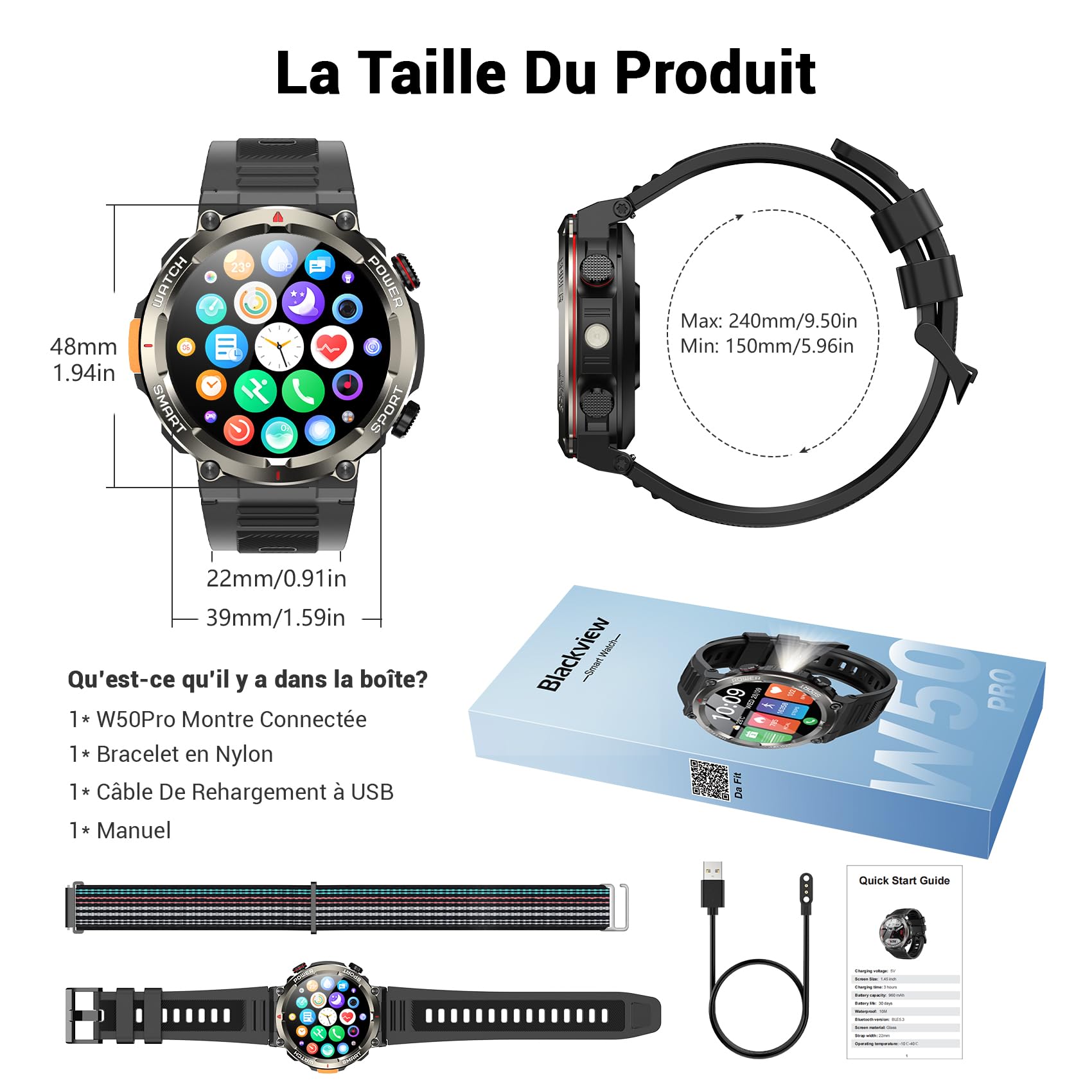 Blackview Montre Connectée Homme, Illumination,Batterie 100 Jours, Écran Tacile 1.45" TFT, Appel Bluetooth, Cardiofréquence, Analyse Sommeil, 100+ Modes Sport,Étanche IP68, pour iOS Android