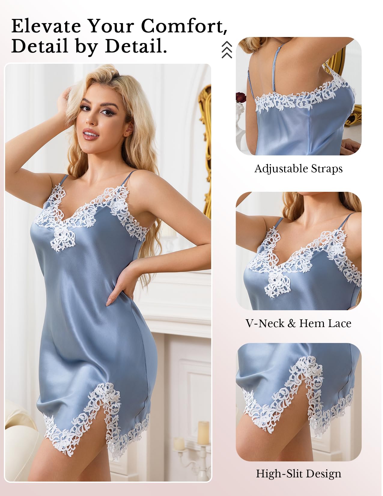 THXSILK Damen-Nachthemd aus 100 % Maulbeerseide, Spitze, sexy Dessous, kurze Nachtwäsche, sexy V-Ausschnitt, Negligee, Dessous, kurze Nachtwäsche