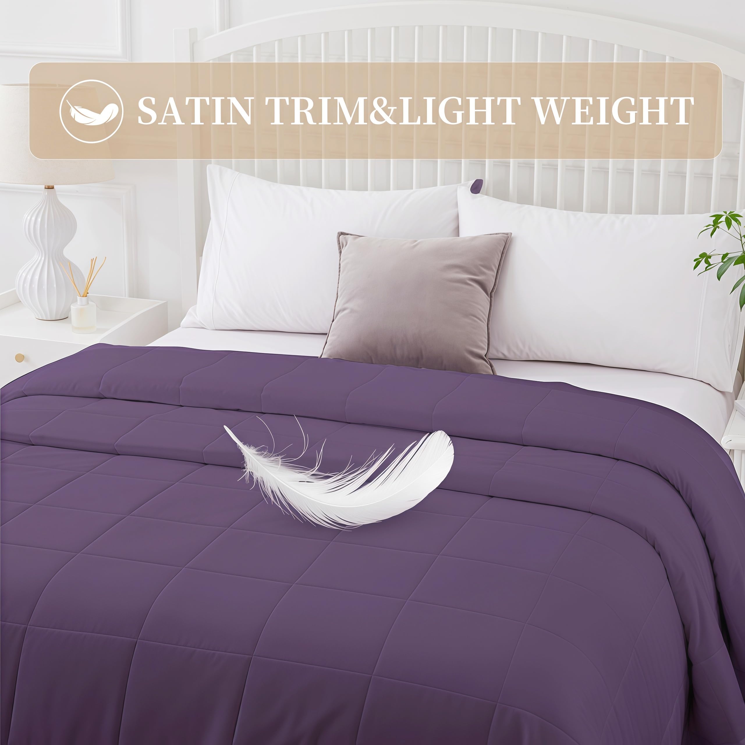 COMFLIVE Queen Down Alternative Blanket - Lightweight Satin Trim, Purple
