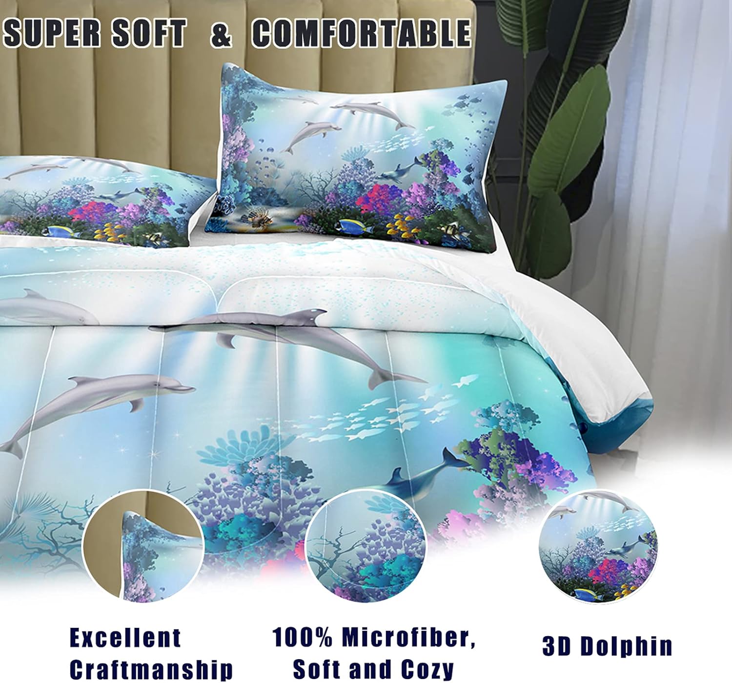 Bodhi Blue Boy Comforter Queen,Dolphin Bedding Set,Ocean Animal Fish Kids' Bedding for Boys Kids,Blue Comforter Set Queen,Kids Comforter Set,Teen Boy Bedding with Pillowcases
