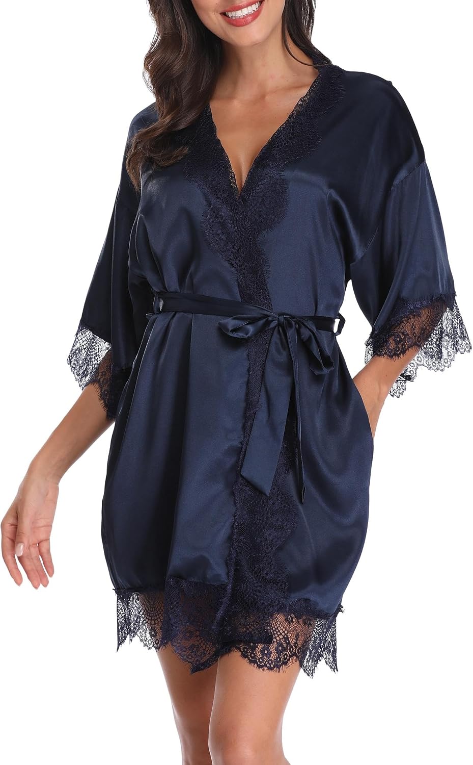 VOGMATE Women's Satin Robe with Lace Trim Sexy Short Silk Bridal Robes for Bride Bridesmaids Wedding Lightweight Cute Robe