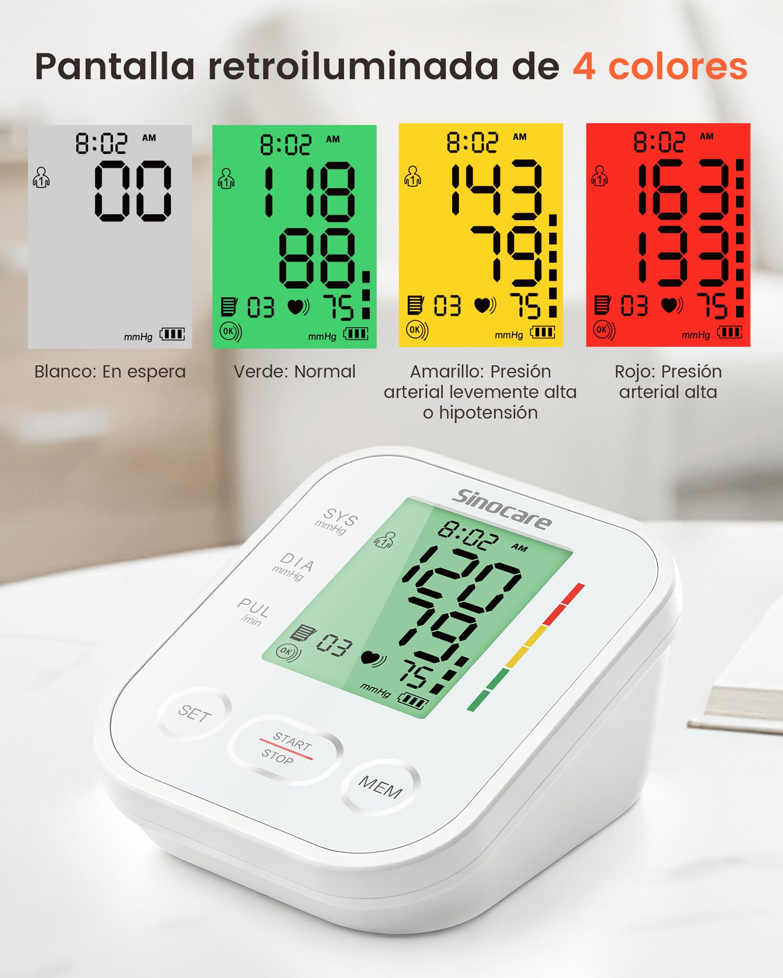 Sinocare Tensiómetro Brazo Auto 22-42cm Arritmia 4 Colores 2x99 Blanco | Tensiómetro Digital Automático de Brazo, Monitor Presión Arterial con Detección Arritmia Irregular